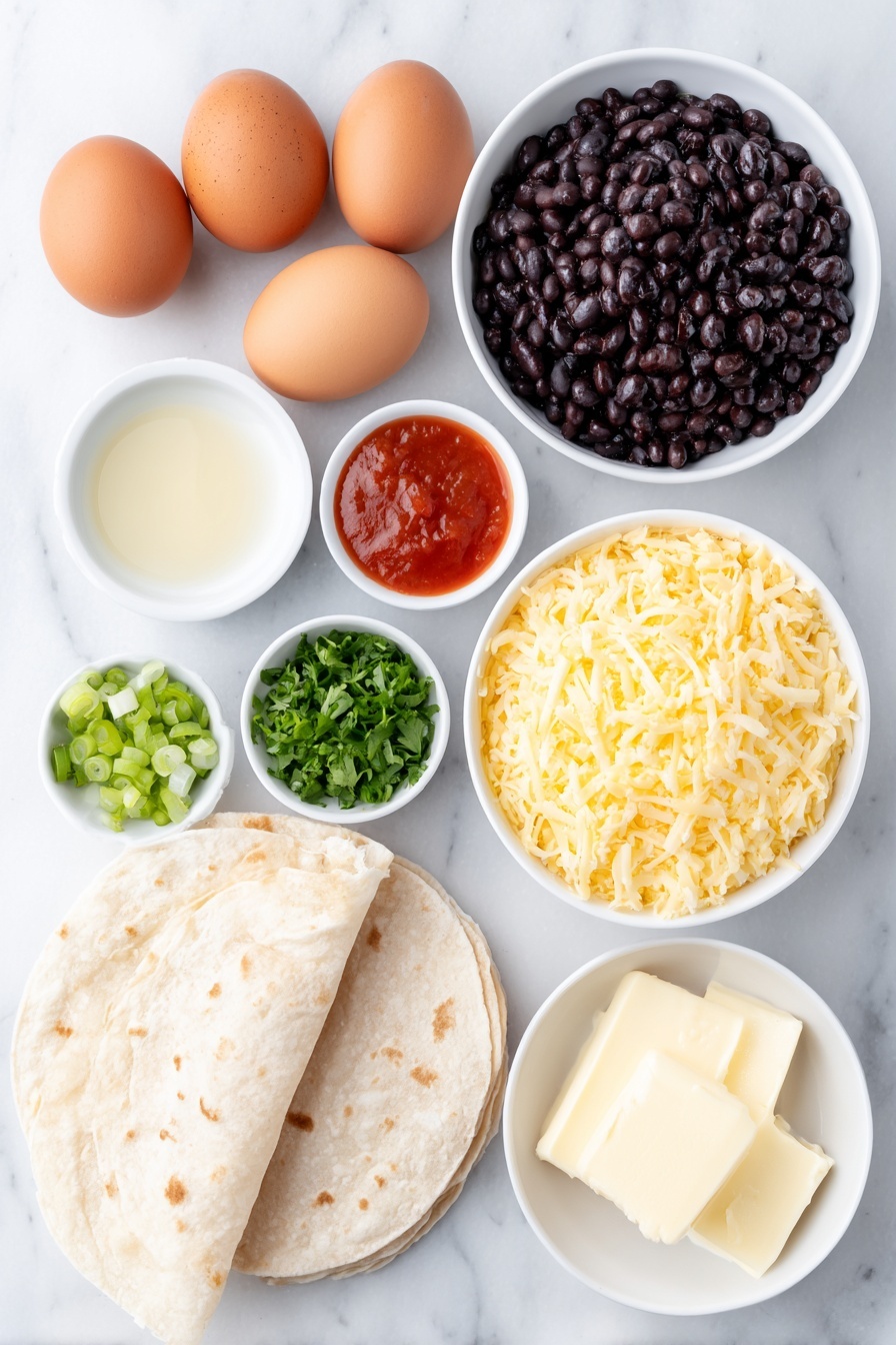 Flat lay of two whole brown eggs with clean shells, a small white ceramic bowl of reddish-orange hot sauce, a small white ceramic bowl of rinsed and drained black beans, a small white ceramic bowl with melted butter, a handful of chopped bright green onion, a small pile of finely chopped fresh cilantro leaves, a small white ceramic bowl of chopped green pickled jalapeños, one medium whole grain tortilla folded in half, a small white ceramic bowl heap of grated sharp cheddar cheese, and a small white ceramic bowl of chunky salsa, all arranged with perfect symmetry on a clean white marble surface, soft natural light, photo taken with an iPhone, professional food photography style, fresh ingredients, white ceramic bowls, no bottles, no duplicates, no utensils, no packaging --ar 2:3 --v 7 --p m7354615311229779997 - Easy Breakfast Egg and Bean Quesadilla, breakfast quesadilla recipe, quick morning breakfast, protein-packed breakfast, healthy breakfast ideas