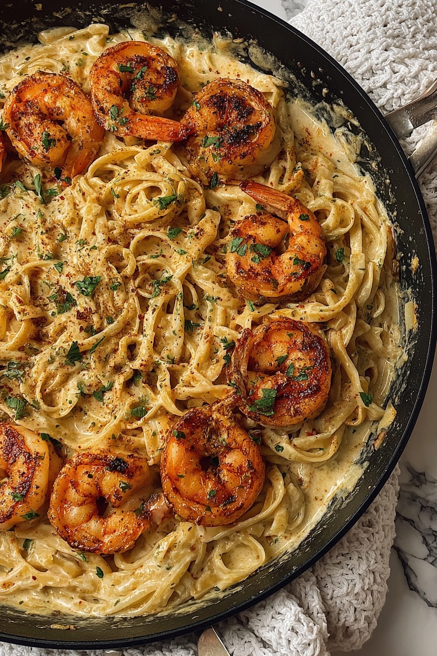 A black pan filled with creamy pasta as the base layer, light beige with visible seasoning and herbs mixed in, topped with eight cooked shrimp arranged in a circular pattern. The shrimp are orange with charred spots and sprinkled with green herb pieces. The pasta strands are thick and tangled, coated in sauce, with small bits of herbs and spices. The pan is resting on a white marbled surface with a white textured cloth nearby. photo taken with an iphone --ar 2:3 --v 7 - Cajun Shrimp Fettuccine, Cajun pasta recipes, shrimp pasta ideas, spicy creamy pasta, easy Cajun seafood dishes