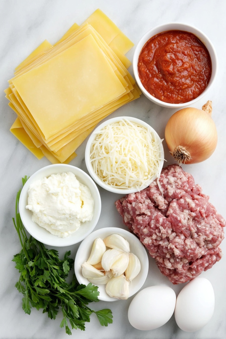 Flat lay of uncooked rectangular lasagna noodles neatly stacked, a small mound of shredded mozzarella cheese, a small pile of shredded Parmesan cheese, a fresh whole yellow onion with shiny skin, two whole cloves of garlic with papery skins, a small white ceramic bowl filled with vibrant red pasta sauce, a small white ceramic bowl holding thick, deep red tomato paste, fresh bright green parsley sprigs loosely arranged, a raw whole egg with a smooth clean shell, a small white ceramic bowl containing creamy white ricotta cheese, and fresh raw lean ground beef and Italian sausage side by side in small portions placed on a simple white ceramic dish, all ingredients fresh and natural, placed on a clean white marble surface, soft natural light, photo taken with an iPhone, professional food photography style, fresh ingredients, white ceramic bowls, no bottles, no duplicates, no utensils, no packaging --ar 2:3 --v 7 --p m7354615311229779997 - Homemade Lasagna with Meat and Cheese, classic lasagna recipe, easy meat lasagna, homemade Italian lasagna, cheesy meat lasagna
