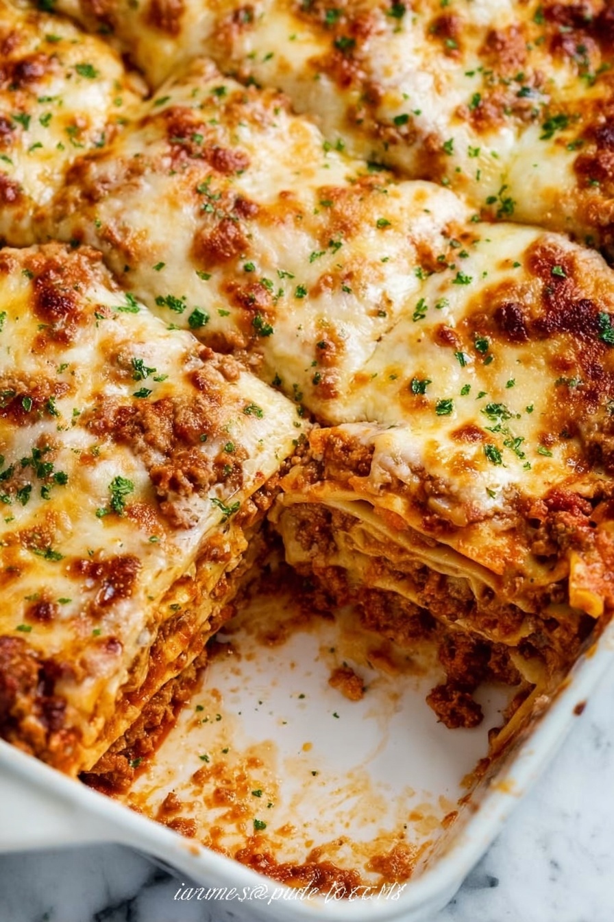 The image shows a white square dish with several layers of lasagna. The bottom layer is soft cooked pasta sheets, topped by a thick layer of brown meat sauce mixed with reddish tomato sauce that looks chunky and moist. Above this is another layer of pasta, followed by a thick spread of melted light yellow cheese with golden brown spots, sprinkled with small bits of green herbs. One piece of lasagna has been taken out, revealing the layers clearly on a white marbled surface. The cheese on top looks bubbly and slightly browned with a bit of gooey stretched texture. photo taken with an iphone --ar 2:3 --v 7 - Homemade Lasagna with Meat and Cheese, classic lasagna recipe, easy meat lasagna, homemade Italian lasagna, cheesy meat lasagna