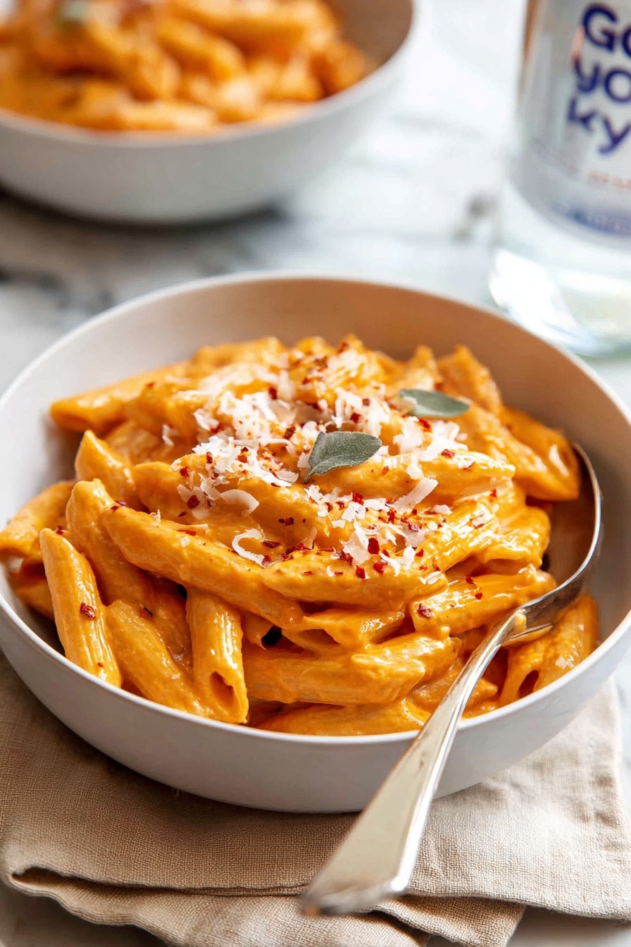 A white bowl filled with a single layer of penne pasta coated in a creamy orange sauce, with a small pile of shredded white cheese sprinkled in the center and a few red pepper flakes scattered on top; a silver spoon is partially stirring the pasta on the left side of the bowl, all set on a white marbled surface with a blurred drink bottle in the background, photo taken with an iphone --ar 2:3 --v 7 - Creamy Vodka Penne Pasta, Vodka Pasta Recipe, Easy Creamy Penne Pasta, Delicious Vodka Pasta Dinner, Quick Pasta with Vodka Sauce