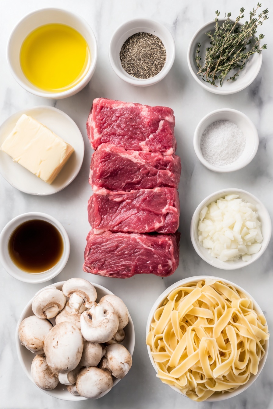 Flat lay of a thick sirloin steak cut into strips, a small pile of all-purpose flour, a few sprigs of dried thyme leaves, a small white bowl of seasoned salt, a small white bowl of black pepper, a small white bowl of olive oil, a small white bowl of salted butter, a small diced onion, a handful of white and cremini mushrooms sliced, a single clove of garlic, a small white bowl of rich beef broth, a small white bowl of Worcestershire sauce, a small white bowl of Dijon mustard, a small white bowl of creamy sour cream, a nest of uncooked egg noodles, all arranged in perfect symmetry on simple white ceramic bowls and plates, placed on a clean white marble surface, soft natural light, photo taken with an iPhone, professional food photography style, fresh ingredients, white ceramic bowls, no bottles, no duplicates, no utensils, no packaging --ar 2:3 --v 7 --p m7354615311229779997 - Creamy Beef Stroganoff, beef stroganoff recipe, easy beef stroganoff, hearty beef dinner, comfort food recipes