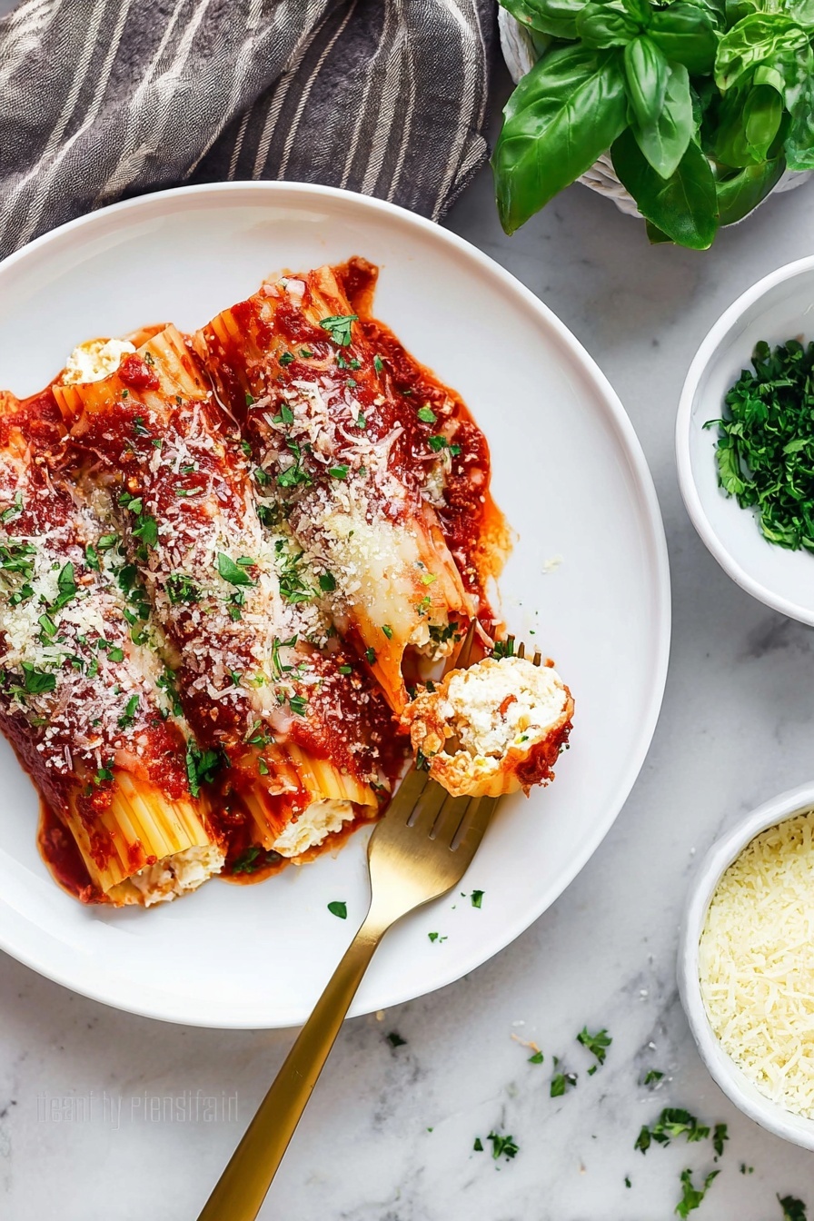 Three rolled pasta tubes filled with white ricotta cheese and topped with red tomato sauce and melted white cheese, sprinkled with green chopped parsley, sit on a white plate. A gold fork holds one pasta tube showing the filled inside. The plate rests on a white marbled surface with a white bowl of grated cheese, fresh green basil leaves, and a white bowl of chopped green parsley nearby. A gold spoon lies beside the plate. photo taken with an iphone --ar 2:3 --v 7 - Cheese Manicotti Bake, cheesy Italian dinner recipes, no-boil manicotti, baked manicotti with ricotta and mozzarella, easy Italian casserole