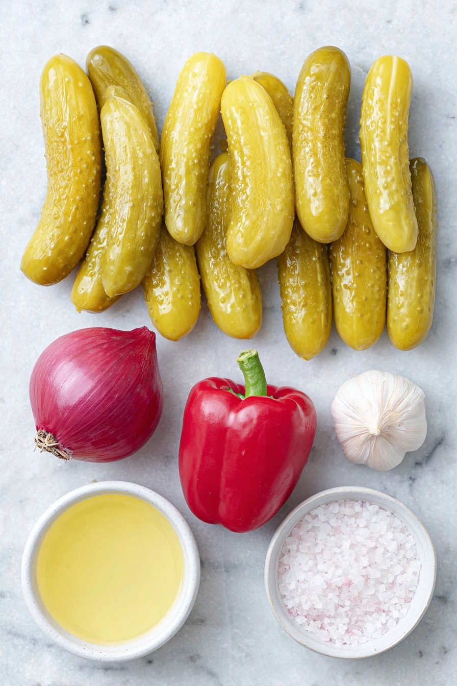 Flat lay of ten whole baby dill pickles with fresh green stems, half a sweet yellow onion with smooth bright yellow skin, one whole shiny red bell pepper, one whole vibrant green serrano pepper, a small white ceramic bowl of clear pickle brine, one uncracked garlic clove with papery white skin, and a small white ceramic bowl of coarse kosher salt, all arranged in perfect symmetry on a clean white marble surface, soft natural light, photo taken with an iPhone, professional food photography style, fresh ingredients, white ceramic bowls, no bottles, no duplicates, no utensils, no packaging --ar 2:3 --v 7 --p m7354615311229779997 - Pickle de Gallo, Pickle de Gallo Recipe, tangy condiment, easy pickle relish, homemade pico de gallo