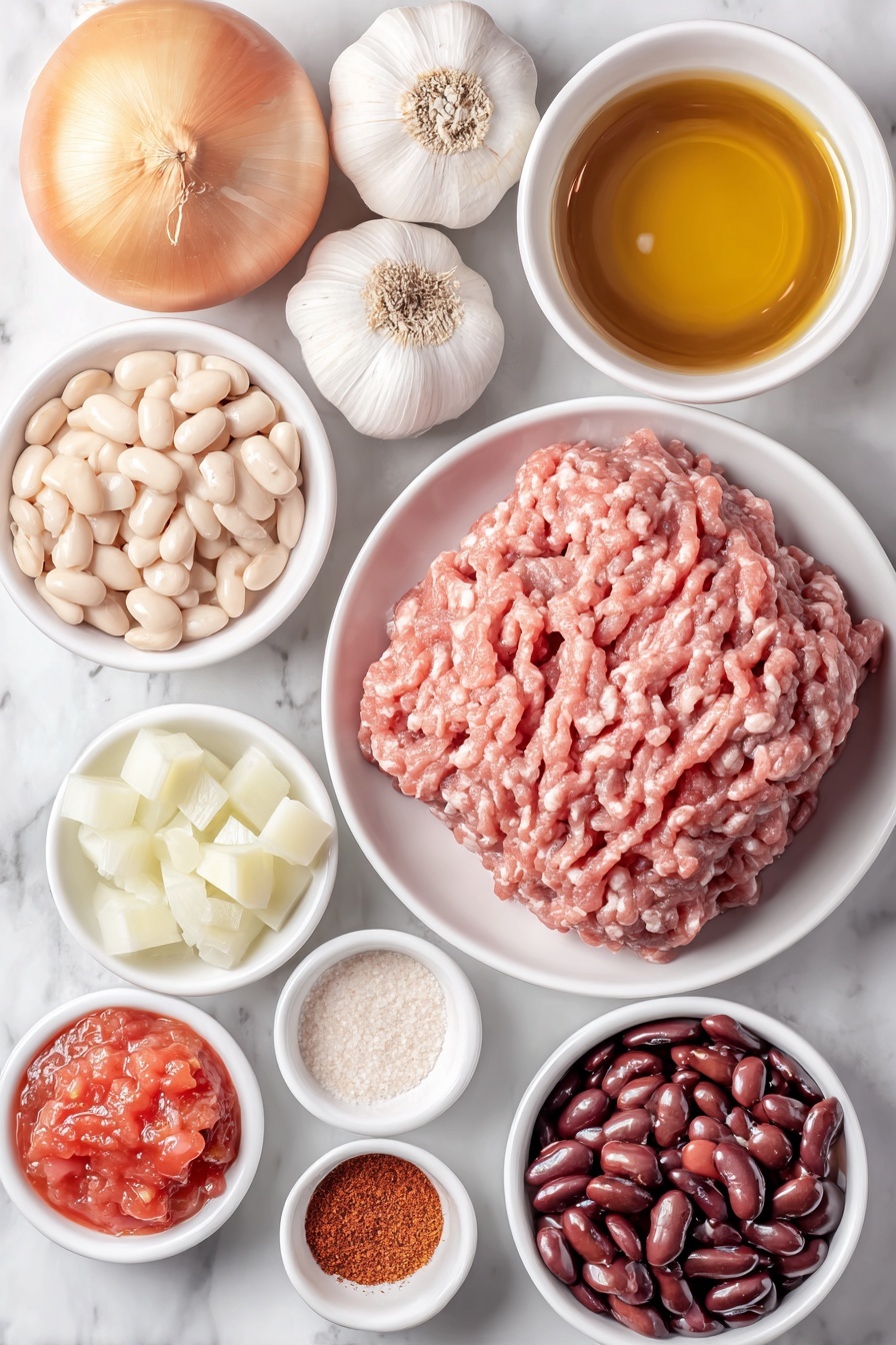 Flat lay of a small puddle of golden olive oil glistening on a simple white ceramic dish, a mound of fresh ground lean beef with a deep red color, a heap of chopped bright yellow onion pieces, a small pile of diced vibrant orange carrots, a cluster of diced light green celery stalks, three whole garlic cloves with papery white skins, a small white bowl filled with smooth red tomato sauce, a small white bowl containing rich golden chicken broth, a small white bowl of clear water, a small white bowl heaped with diced fresh red tomatoes, a tiny heap of granulated white sugar crystals, a neat stack of dried greenish basil leaves, a small amount of dried oregano flakes, a small pile of dried thyme, a pinch of dried marjoram leaves, a few grains of coarse sea salt and freshly cracked black peppercorns side by side, a small mound of dry ditalini pasta shaped like tiny short tubes, a small white bowl filled with shiny dark red kidney beans, another small white bowl with smooth white great northern beans, a neat pile of finely shredded Romano cheese, and a sprig of fresh vibrant green parsley leaves, all arranged with perfect symmetry and realistic proportions on a clean white marble surface, soft natural light, photo taken with an iPhone, professional food photography style, fresh ingredients, white ceramic bowls, no bottles, no duplicates, no utensils, no packaging --ar 2:3 --v 7 --p m7354615311229779997 - Creamy Pasta e Fagioli Soup, Italian pasta and bean soup, hearty Italian bean soup, easy Pasta e Fagioli recipe, comforting Italian soup