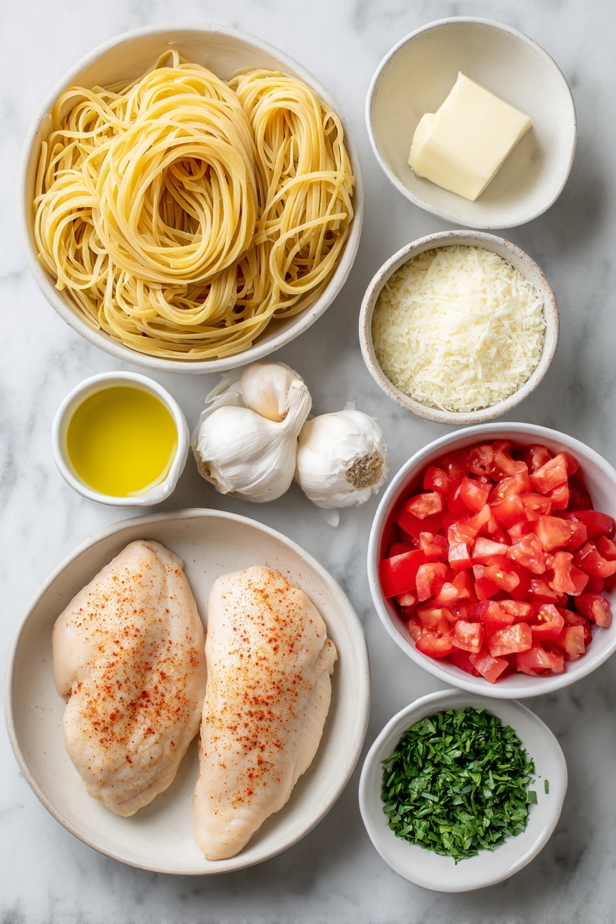 Flat lay of linguine pasta nest, two boneless skinless chicken breasts seasoned with a sprinkle of reddish Cajun seasoning, small white ceramic bowl of golden olive oil, white ceramic bowl with a chunk of unsalted butter, three whole garlic cloves, white ceramic bowl filled with diced fresh red tomatoes, white ceramic bowl of thick heavy whipping cream, white ceramic bowl with grated pale parmesan cheese, small white ceramic bowl holding finely chopped bright green parsley, all ingredients fresh and natural, arranged symmetrically and balanced placed on a clean white marble surface, soft natural light, photo taken with an iPhone, professional food photography style, fresh ingredients, white ceramic bowls, no bottles, no duplicates, no utensils, no packaging --ar 2:3 --v 7 --p m7354615311229779997 - Creamy Cajun Chicken Pasta, Cajun Chicken Pasta, Spicy Chicken Pasta, Easy Cajun Pasta Recipe, Creamy Pasta with Cajun Seasoning