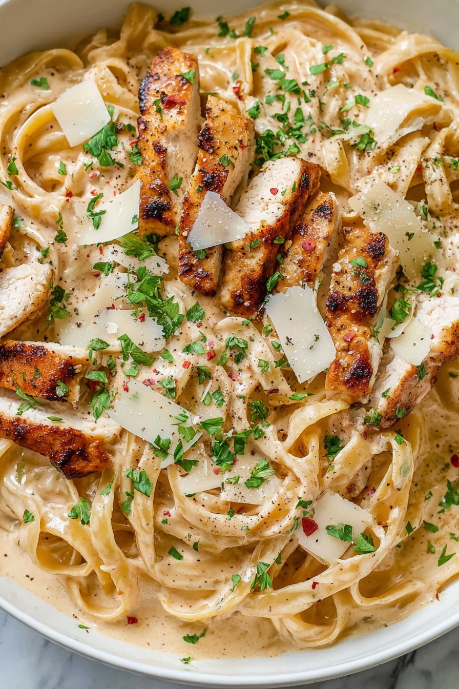 In a white skillet filled with a creamy orange sauce, there are two main layers: on the left side, slices of browned grilled chicken arranged in a neat row with a golden crust and some sprinkled green herbs on top; on the right side, three nests of pale yellow fettuccine pasta sprinkled with black pepper and small green herb pieces. Next to the skillet on a white marbled surface, there is a small clear bowl filled with grated white cheese, and two slices of bread are partially visible at the bottom left corner. photo taken with an iphone --ar 2:3 --v 7 - Creamy Cajun Chicken Pasta, Cajun Chicken Pasta, Spicy Chicken Pasta, Easy Cajun Pasta Recipe, Creamy Pasta with Cajun Seasoning
