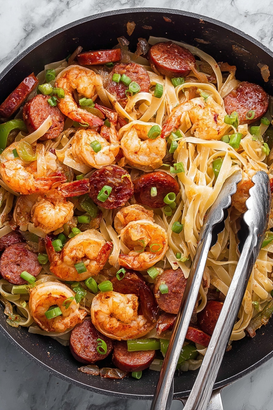 A close-up of a black plate filled with thick, creamy light yellow noodles forming the main layer. On top, there are two bright orange cooked shrimp with curled tails, slightly shiny and seasoned. Scattered among the noodles are green onion pieces with fresh, glossy leaves, and slices of reddish-brown sausage with a slightly shiny surface. A silver fork rests on the right side of the plate. The plate sits on a white marbled texture surface. Photo taken with an iphone --ar 2:3 --v 7 - Cajun Shrimp and Sausage Pasta, Cajun Shrimp Pasta, Spicy Cajun Pasta, Creamy Shrimp and Sausage Pasta, Easy Cajun Pasta