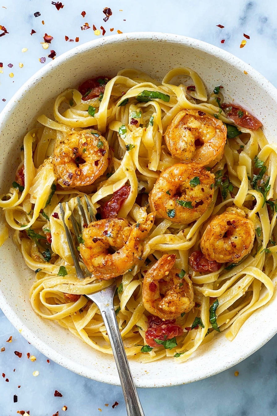 A black frying pan filled with a dish consisting of flat, pale yellow pasta noodles tossed with cooked shrimp that are orange with a slightly charred texture. The pasta is mixed with chunky red tomato sauce and garnished with small green herb pieces scattered throughout. A wooden spoon lifts a mix of the noodles, shrimp, and sauce from one side of the pan. The pan handle is wrapped with a green cloth and the scene is set on a white marbled surface with some scattered red pepper flakes. photo taken with an iphone --ar 2:3 --v 7 - Spicy Shrimp Fra Diavolo Pasta, seafood pasta with spicy tomato sauce, easy shrimp pasta recipes, quick Italian seafood dishes, flavorful shrimp pasta
