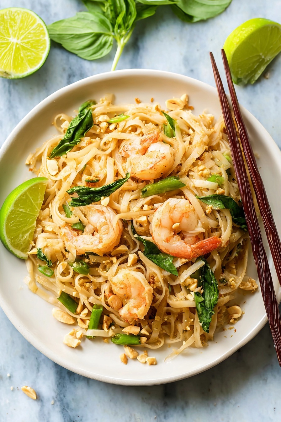 A white plate filled with stir-fried noodles as the base layer, light brown and slightly glossy, mixed with four pink-orange cooked shrimps placed evenly on top. Scattered throughout the noodles are green onion pieces and fresh green basil leaves giving contrast. On the upper left edge of the plate, a bright green lime wedge rests. Alongside the plate, wooden chopsticks with black tips are placed diagonally on the right side. There is a small white bowl filled with pale tan peanuts in the background on a white marbled surface with scattered peanut pieces around it. photo taken with an iphone --ar 2:3 --v 7 - Easy Shrimp Pad Thai, Shrimp Pad Thai recipe, quick Pad Thai, healthy shrimp stir-fry, authentic Thai Pad Thai