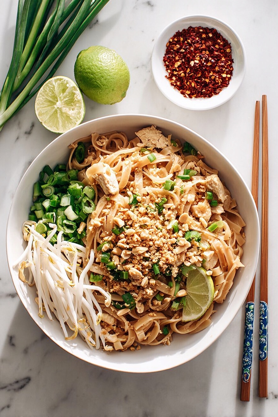 A white bowl sits on a white marbled surface filled with layers of food. The bottom layer is light brown flat noodles mixed with light brown pieces of chicken and bright green chopped scallions. On top, there are crunchy crushed peanuts sprinkled over the noodles. To one side, fresh white bean sprouts and a halved bright green lime rest. A pair of wooden chopsticks with blue decorations lie on the right side of the bowl. Near the bowl is a small white dish filled with red chili flakes. Photo taken with an iphone --ar 2:3 --v 7 - Easy Chicken Pad Thai, Chicken Pad Thai, Thai noodle stir-fry, quick Thai recipes, homemade Pad Thai
