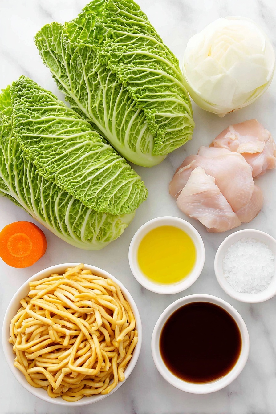 Flat lay of fresh green cabbage leaves, a quarter of a peeled white onion wedge, a small orange carrot with its bottom end visible, a raw boneless skinless chicken thigh, a few pinches of coarse kosher salt crystals, a few cracks of freshly ground black pepper, a small white ceramic bowl of golden neutral oil, a neat nest of pale yellow yakisoba noodles, a small white ceramic bowl filled with glossy brown yakisoba sauce, all arranged in perfect symmetry on a clean white marble surface, soft natural light, photo taken with an iPhone, professional food photography style, fresh ingredients, white ceramic bowls, no bottles, no duplicates, no utensils, no packaging --ar 2:3 --v 7 --p m7354615311229779997 - Easy Chicken Yakisoba Stir-Fry, chicken yakisoba recipe, easy stir-fry dinner, quick Japanese noodles, simple chicken stir-fry