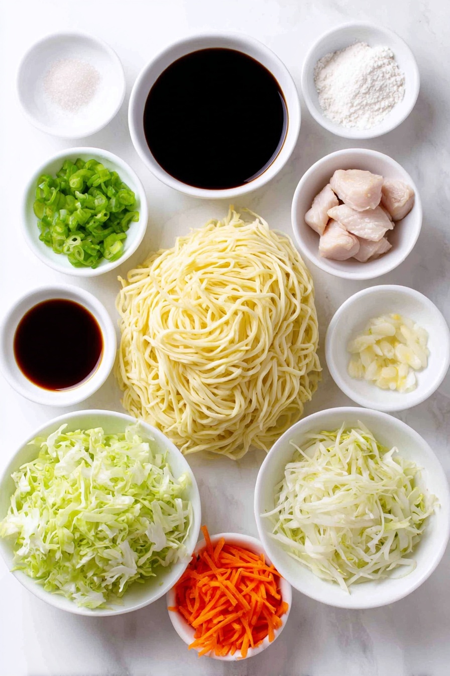 Flat lay of fresh lo mein egg noodles coiled loosely, raw boneless skinless chicken thighs cut into thin strips, a small mound of cornstarch powder in a white ceramic bowl, a small white bowl of water, a small white bowl with clear cooking oil, a small white bowl of dark oyster sauce, a small white bowl of hot water, a few loose grains of salt and sugar beside a small white bowl of light soy sauce, a small white bowl of dark soy sauce, a small white bowl holding sesame oil, a white bowl with finely ground white pepper, one peeled garlic clove, finely minced garlic pile, shredded fresh cabbage heap, two medium carrots julienned, a small white bowl with Shaoxing wine, a pile of fresh mung bean sprouts, two scallions julienned with bright green and white parts visible, all arranged symmetrically on a clean white marble surface, soft natural light, photo taken with an iPhone, professional food photography style, fresh ingredients, white ceramic bowls, no bottles, no duplicates, no utensils, no packaging --ar 2:3 --v 7 --p m7354615311229779997 - Restaurant-Style Chicken Lo Mein, chicken lo mein recipe, Chinese chicken lo mein, easy lo mein stir-fry, homemade Chinese noodles