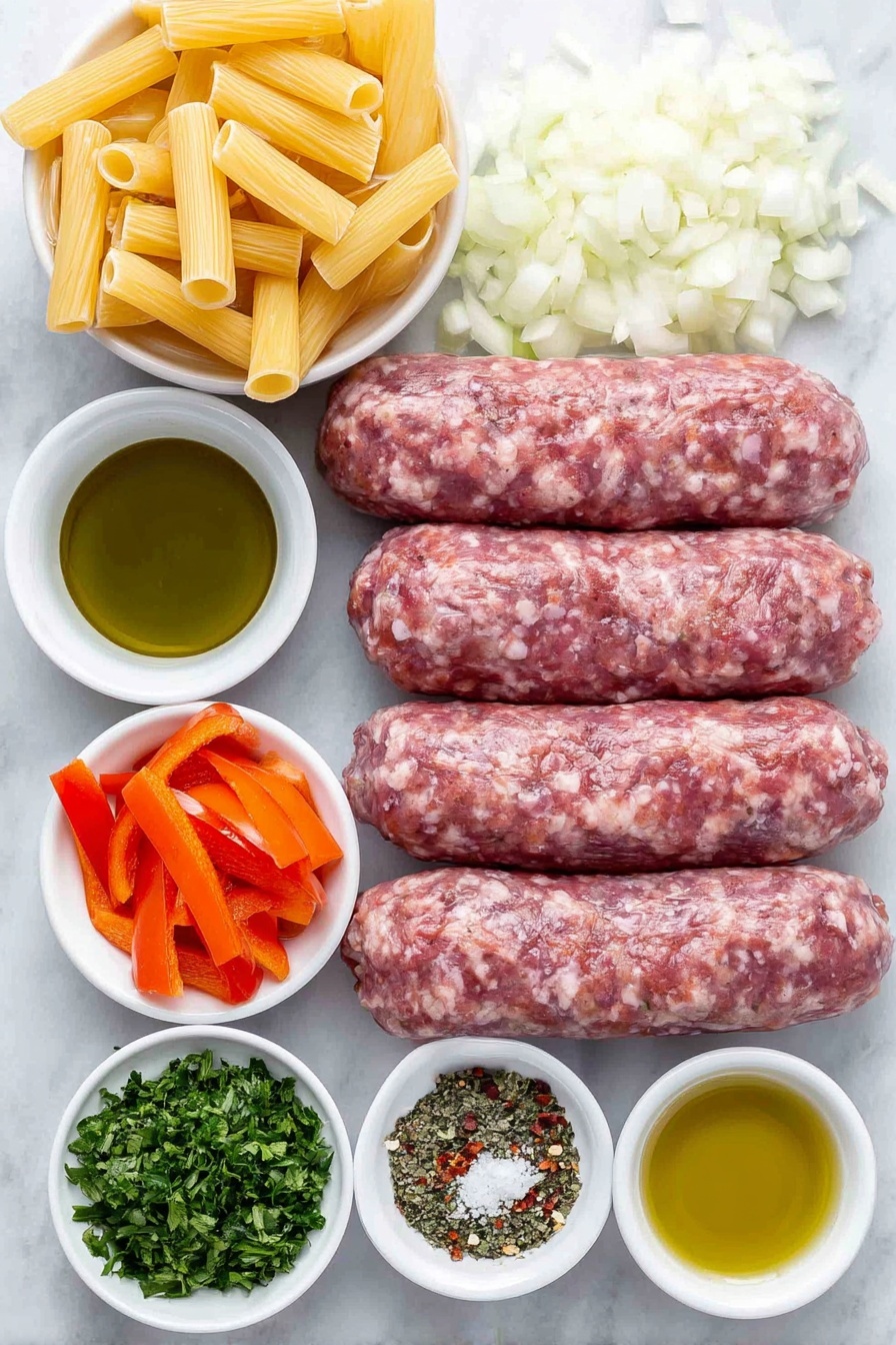 Flat lay of ziti pasta in a neat pile, a few sweet Italian sausages with their casings removed showing the coarse, fresh texture of the meat, three medium-sized bell peppers sliced into 2-inch-long pieces in varied vibrant colors, a handful of chopped onion pieces, four large cloves of garlic chopped finely, a small white bowl of olive oil, a small white bowl of crushed tomatoes, a small white bowl of balsamic vinegar, a small white bowl containing dried oregano, a small white bowl with red pepper flakes, a small white bowl holding kosher salt, and a small pile of fresh chopped parsley, all arranged symmetrically on a simple white ceramic backdrop, placed on a clean white marble surface, soft natural light, photo taken with an iPhone, professional food photography style, fresh ingredients, white ceramic bowls, no bottles, no duplicates, no utensils, no packaging --ar 2:3 --v 7 --p m7354615311229779997 - Italian Sausage and Peppers Pasta, Italian sausage pasta recipe, quick Italian pasta dinner, flavorful sausage pasta, easy sausage and peppers dish