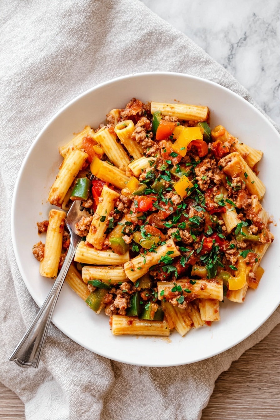 A white plate filled with pasta tubes mixed with chunks of red, green, and yellow bell peppers, and bits of cooked ground meat in a light tomato sauce. The pasta and vegetables are evenly mixed with sprinkled chopped green herbs over the top. A silver fork rests partially inside the pasta on the left side. The plate is set on a light beige cloth on a white marbled surface. photo taken with an iphone --ar 2:3 --v 7 - Italian Sausage and Peppers Pasta, Italian sausage pasta recipe, quick Italian pasta dinner, flavorful sausage pasta, easy sausage and peppers dish