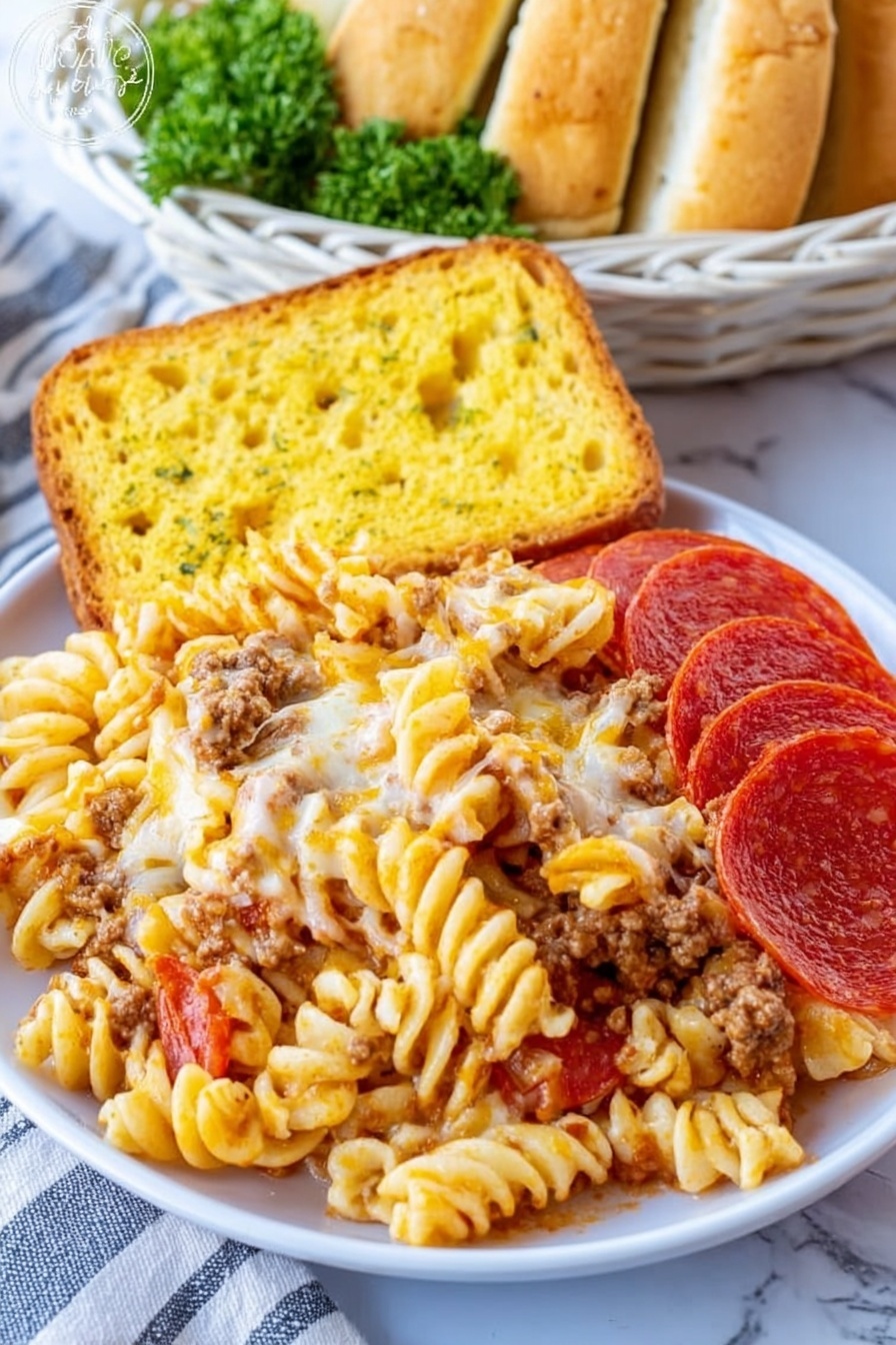 The image shows a close-up of a white plate with a pasta dish made of three main layers: at the bottom, there are spiral rotini pasta with a light yellow color and a soft texture; the middle layer has crumbled cooked ground meat mixed with some melted cheese, showing a beige and light brown tone; the top layer is mainly slices of bright red pepperoni scattered over the pasta and meat, partially covered by more melted cheese with a creamy white color. There is also a yellow, round garlic bread piece placed behind the pasta on the plate. The plate sits on a white marbled surface. photo taken with an iphone --ar 2:3 --v 7 - Easy Baked Pizza Pasta, baked pizza pasta, pizza pasta casserole, cheesy baked pasta, quick weeknight dinner