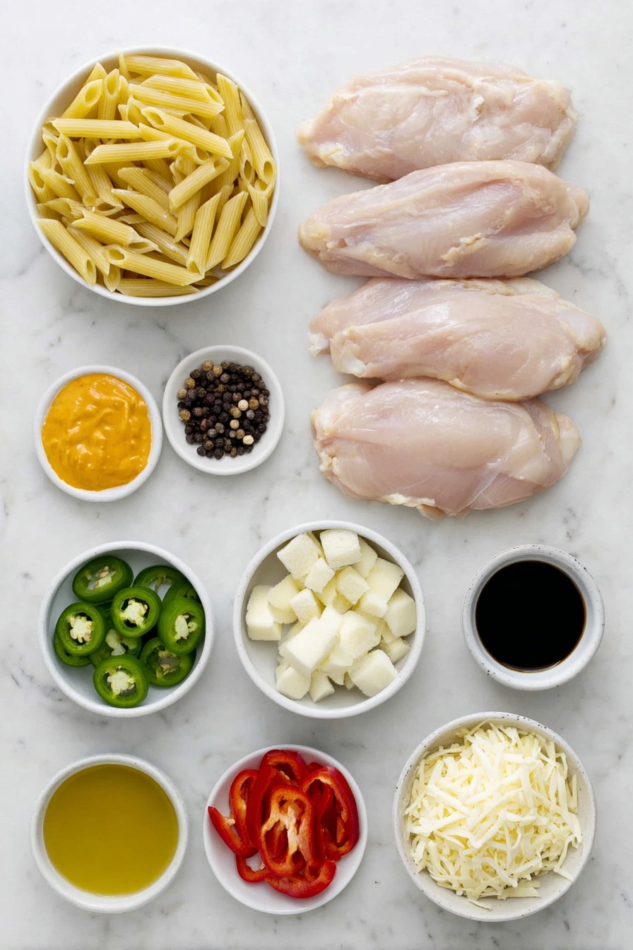 Flat lay of penne pasta arranged neatly next to three whole uncracked chicken breasts, a small white ceramic bowl of sunflower oil, a white bowl with a mound of Cajun spice mix, a small pile of whole black peppercorns, one crumbled chicken stock cube beside them, two peeled garlic cloves, one peeled and sliced onion, one red pepper sliced into strips, one yellow pepper sliced into strips, two sliced green jalapeno peppers, a small bunch of roughly chopped spring onions, a small white bowl filled with bright orange hot pepper sauce, a small white bowl with Worcestershire sauce, a small white bowl containing cider vinegar, a small white bowl holding double cream, a white bowl with grated parmesan cheese, and one additional sliced jalapeno arranged in perfect symmetry, all fresh and natural, placed on a clean white marble surface, soft natural light, photo taken with an iPhone, professional food photography style, fresh ingredients, white ceramic bowls, no bottles, no duplicates, no utensils, no packaging --ar 2:3 --v 7 --p m7354615311229779997 - Buffalo Chicken Pasta, easy buffalo chicken pasta, spicy chicken pasta recipe, quick buffalo chicken dinner, creamy buffalo pasta