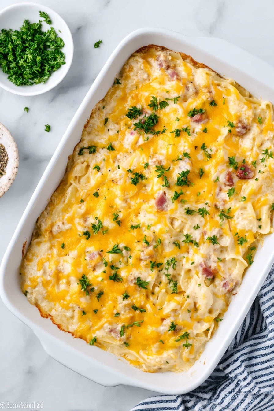 In the image, there is a white rectangular baking dish filled with creamy pasta that has a thick layer of melted yellow cheese on top. The pasta is visible under the cheese, showing a mix of white noodles and small pieces of light brown and pinkish ingredients, likely meat. Fresh green herbs are sprinkled over the cheese, adding a touch of color. The dish sits on a white marbled surface, with a small white bowl of chopped green herbs placed to the side and a blue and white striped cloth nearby. The top of the pasta has a slightly shiny texture from the cheese. Photo taken with an iphone --ar 2:3 --v 7 - Cheesy Chicken Spaghetti Bake, creamy chicken pasta casserole, cheesy chicken pasta bake, easy weeknight dinner, comfort food recipes