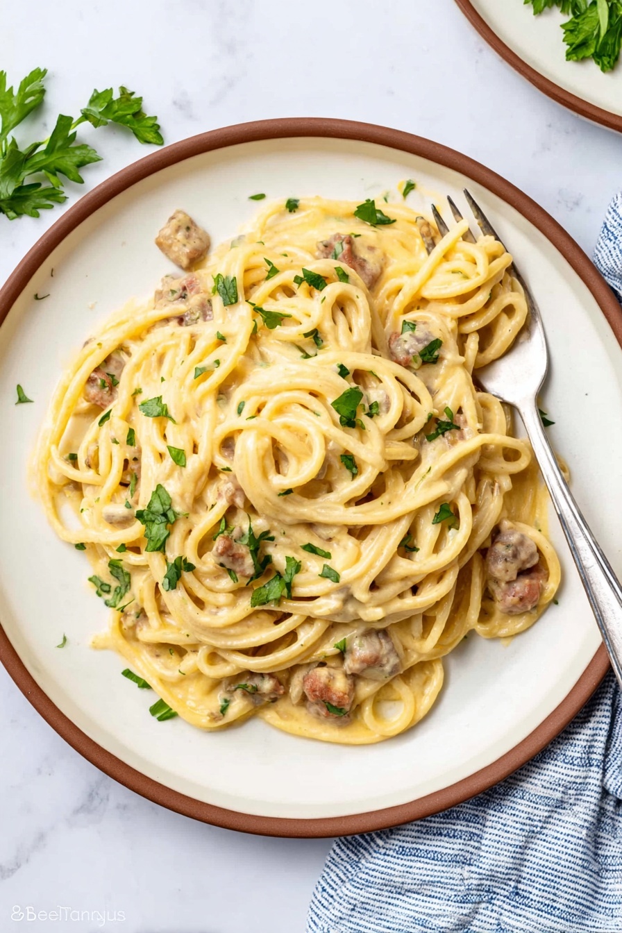 A white round plate with a brown rim holds creamy pasta with a thick light yellow sauce. The pasta strands are long and twisted, mixed with small chunks of light brown meat and garnished with fresh green parsley leaves scattered on top. A silver fork is placed on the right side of the plate, partially covered by pasta. The plate rests on a white marbled surface, with a blue and white striped cloth folded nearby. Photo taken with an iphone --ar 2:3 --v 7 - Cheesy Chicken Spaghetti Bake, creamy chicken pasta casserole, cheesy chicken pasta bake, easy weeknight dinner, comfort food recipes