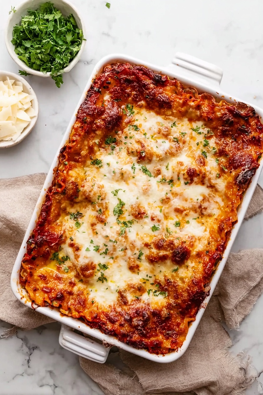 A close-up of a square white baking dish filled with a baked spaghetti casserole. The casserole has three visible layers: a bottom layer of pasta mixed with ground meat and tomato sauce in red and brown tones, a middle layer showing more pasta and sauce with bits of vegetables, and a top layer covered in melted golden-brown cheese. A portion is being lifted with a utensil held by a woman's hand, showing the thick, mixed texture of pasta, meat, sauce, and cheese with a slightly crispy top edge. The background is a simple soft beige, and the dish rests on a white marbled surface photo taken with an iphone --ar 2:3 --v 7 - Cheesy Loaded Baked Spaghetti, baked spaghetti casserole, cheesy pasta bake, easy baked spaghetti recipe, hearty spaghetti dinner