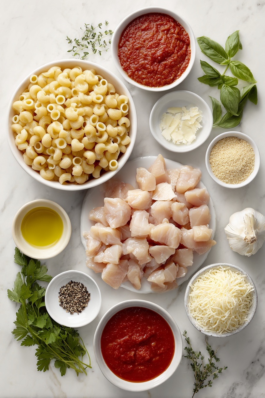 Flat lay of boneless skinless chicken breasts cut into chunks, a small mound of penne pasta, a small white bowl of olive oil, a small white bowl of minced garlic, a small white bowl of red marinara sauce, a small white bowl of shredded mozzarella cheese, a small white bowl of shredded parmesan cheese, a small white bowl of Italian style breadcrumbs, a small white bowl of melted butter, a small white bowl of Italian seasoning powder, a few whole garlic cloves, a few fresh parsley leaves, a few fresh basil leaves, a few fresh thyme sprigs, a small pile of whole black peppercorns, all arranged with perfect symmetry on a clean white marble surface, soft natural light, photo taken with an iPhone, professional food photography style, fresh ingredients, white ceramic bowls, no bottles, no duplicates, no utensils, no packaging --ar 2:3 --v 7 --p m7354615311229779997 - One-Pot Chicken Parmesan Pasta, easy chicken parmesan dinner, quick Italian pasta recipe, weeknight chicken pasta, hassle-free chicken parmesan