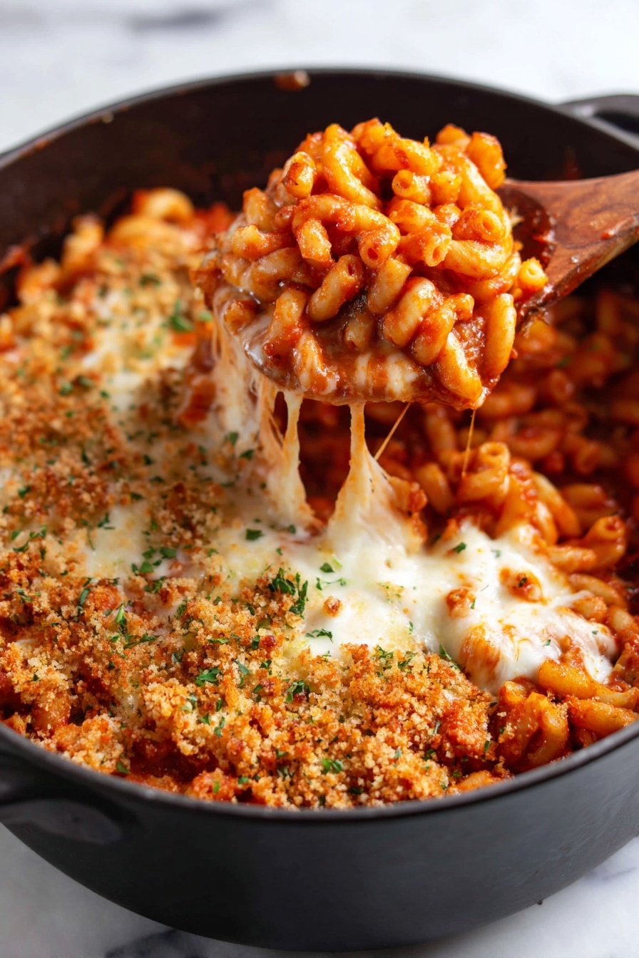 A close-up view of a black pot filled with three main layers: a base layer of orange-red cooked elbow pasta covered in thick tomato sauce, a middle layer of melted white cheese which is stringy and soft, and a top layer of golden brown breadcrumb topping sprinkled with tiny bits of green herbs. The dish is being scooped by a wooden spoon from the right side, lifting a mix of all layers, showing the melty cheese stretching. The pot rests on a white marbled surface. photo taken with an iphone --ar 2:3 --v 7 - One-Pot Chicken Parmesan Pasta, easy chicken parmesan dinner, quick Italian pasta recipe, weeknight chicken pasta, hassle-free chicken parmesan