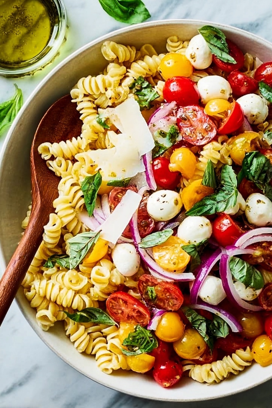 In a clear glass mixing bowl, there are five main layers: bright yellow curly pasta spirals on top, bright red halved cherry tomatoes to one side, fresh dark green basil leaves at the bottom, thinly sliced light purple red onions on the opposite side, and small white mozzarella balls scattered between the onions and tomatoes. Two wooden spoons are mixed gently by two woman's hands at the edge of the bowl. Around the bowl on a white marbled surface are a yellow lemon squeezer, a clear glass bottle with olive oil, and some fresh basil leaves. The overall colors are bright and fresh, and the textures range from smooth and soft to crisp and leafy. Photo taken with an iphone --ar 2:3 --v 7 - Caprese Pasta Salad with Cherry Tomatoes, summer pasta salad, easy Caprese pasta, fresh cherry tomato salad, Italian pasta salad