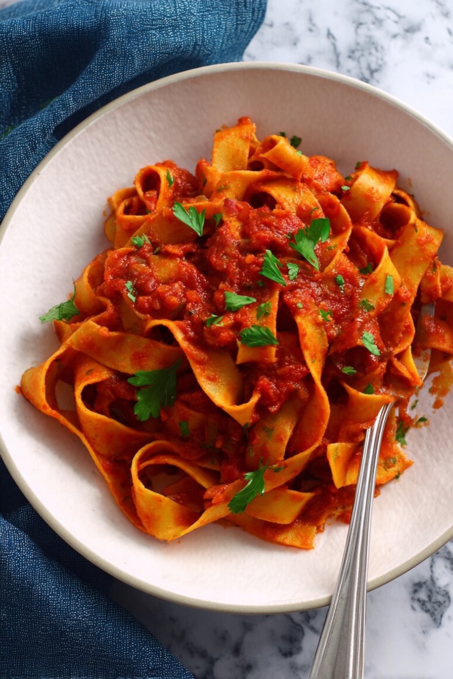 A white bowl holds wide, flat pasta ribbons twisted and layered, covered in a rich red tomato-based sauce with a chunky texture. Fresh green parsley leaves are scattered on top, adding a bright contrast. A silver fork rests at the edge of the bowl. The background is a white marbled surface with a dark blue cloth peeking in the corner. Photo taken with an iphone --ar 2:3 --v 7 - Slow Cooker Pappardelle Bolognese, Italian slow cooker recipes, hearty pasta sauce, easy slow cooker dinner, homemade Bolognese sauce