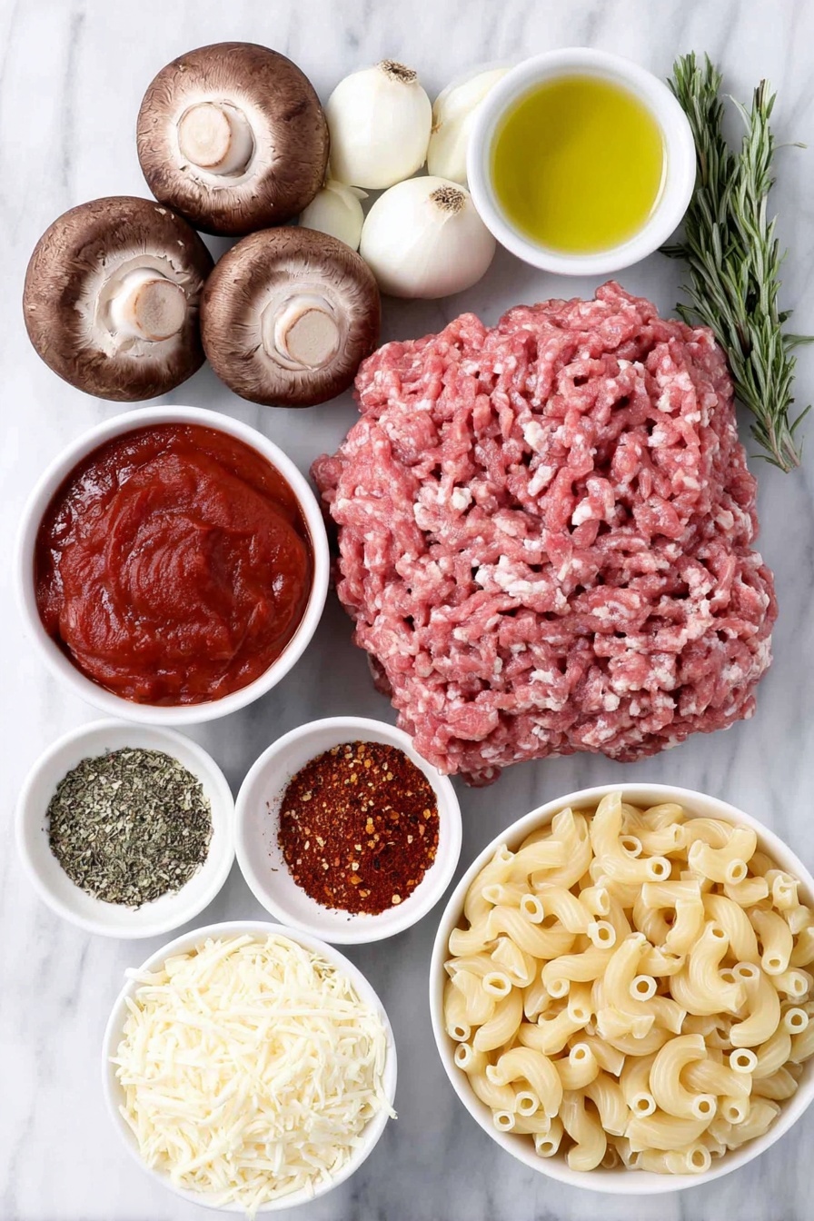 Flat lay of fresh whole brown mushrooms, a small white bowl of golden olive oil, a large chopped yellow onion, five peeled garlic cloves, a finely chopped red bell pepper, raw lean ground beef in a natural pink tone, a whole plum tomatoes cluster with one cut open to reveal juicy interior, a small white bowl filled with thick deep red tomato paste, dried oregano sprigs, scattered crushed red pepper flakes, freshly ground black peppercorns, uncooked elbow macaroni pasta, two generous handfuls of grated sharp cheddar cheese, and a smaller handful of grated pale Parmesan cheese, all arranged symmetrically on simple white ceramic bowls and plates placed on a clean white marble surface, soft natural light, photo taken with an iPhone, professional food photography style, fresh ingredients, white ceramic bowls, no bottles, no duplicates, no utensils, no packaging --ar 2:3 --v 7 --p m7354615311229779997 - Beef Mushroom Johnny Marzetti Casserole, hearty beef mushroom pasta bake, easy comfort food casserole, cheesy ground beef and mushroom casserole, family favorite dinner