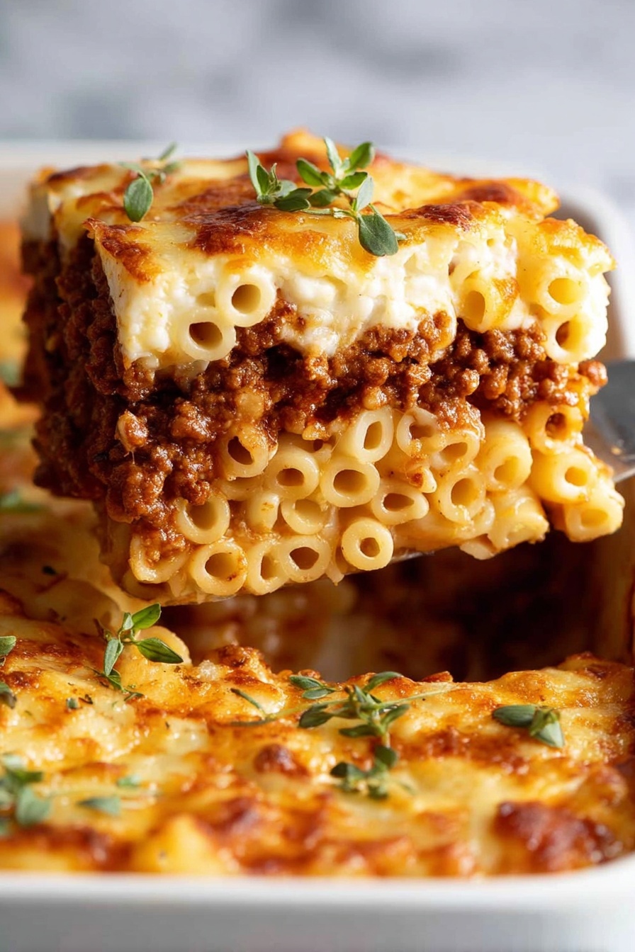 A close-up view of a slice of baked pasta being lifted, showing three layers: the bottom layer has light yellow macaroni noodles, the middle layer is rich brown cooked ground meat sauce, and the top layer has a golden browned melted cheese crust with small green herb leaves on top. The dish is in a white baking pan on a white marbled surface. Photo taken with an iphone --ar 2:3 --v 7 - Greek Pastitsio Pasta Bake, Greek pasta bake, Pastitsio casserole, Mediterranean pasta dish, Greek baked pasta