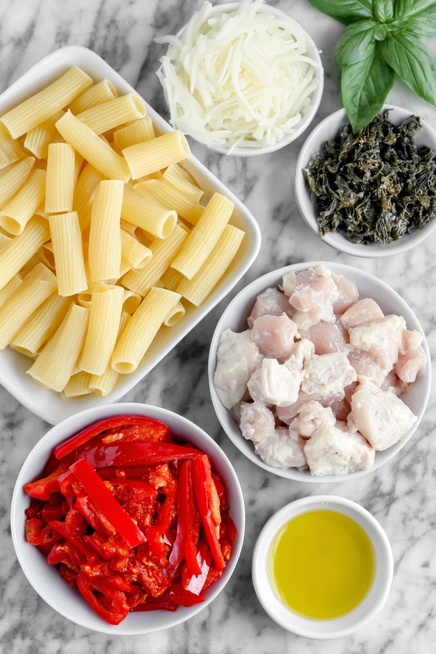Flat lay of a small pile of uncooked rigatoni pasta with ridges, a few raw boneless skinless chicken thighs diced into cubes, a whole red bell pepper sliced into strips, a diced white onion, three peeled garlic cloves chopped finely, a small white ceramic bowl with bright red pickled cherry peppers, another small white bowl filled with a creamy off-white liquid representing heavy cream, a small white bowl containing fire-roasted crushed tomatoes with visible charred bits, a small white bowl holding golden olive oil, a few fresh bright green basil leaves scattered, and a small mound of finely grated pale yellow parmesan cheese, all placed on a clean white marble surface, soft natural light, photo taken with an iPhone, professional food photography style, fresh ingredients, white ceramic bowls, no bottles, no duplicates, no utensils, no packaging --ar 2:3 --v 7 --p m7354615311229779997 - Spicy Chicken Riggies, Spicy Chicken Riggies Pasta, Chicken Riggies with Cherry Peppers, Easy Chicken Riggies Recipe, Creamy Spicy Pasta Dish