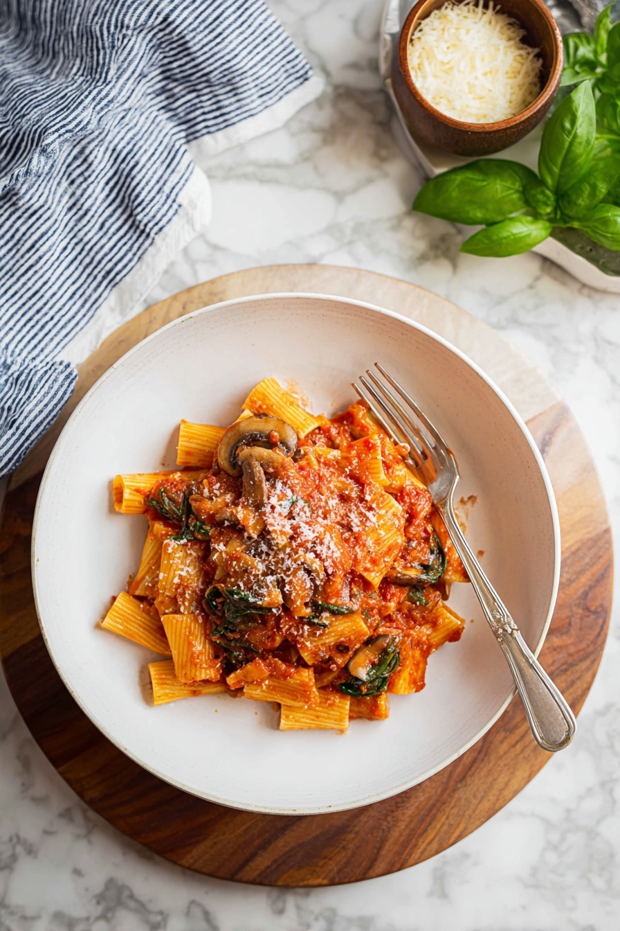A white plate sits on a wooden board atop a white marbled surface, filled with a serving of rigatoni pasta covered in thick red tomato sauce mixed with pieces of mushrooms and green spinach leaves. The pasta is topped with a light sprinkle of grated cheese and a silver fork rests beside the pasta on the plate’s right side. In the background, there is a small brown bowl filled with grated cheese and fresh green basil leaves nearby, with a blue and white striped cloth partially visible on the left side. Photo taken with an iphone --ar 2:3 --v 7 - Spicy Chicken Riggies, Spicy Chicken Riggies Pasta, Chicken Riggies with Cherry Peppers, Easy Chicken Riggies Recipe, Creamy Spicy Pasta Dish