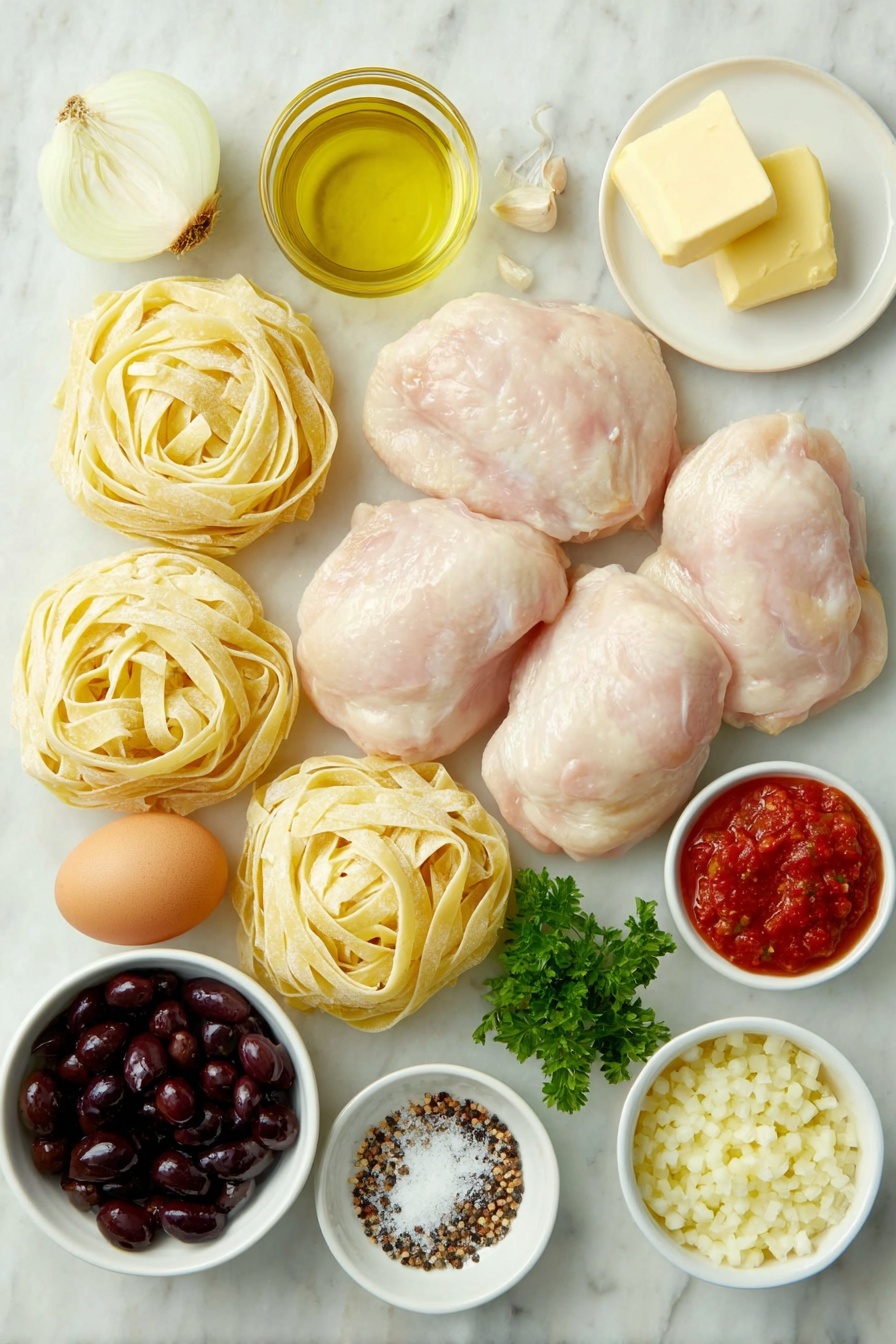 Flat lay of fresh pappardelle pasta nests, several plump boneless skinless chicken thighs with smooth skin, a small white bowl of golden olive oil, cubed pale yellow butter on a white ceramic plate, a sliced large white onion, a sliced large red bell pepper, peeled garlic cloves beside minced garlic in a small white bowl, a small white bowl filled with deep red tomato paste, a white ceramic bowl with hand-crushed vibrant red plum tomatoes, a small white bowl of clear dry white wine, a small white bowl of light golden chicken stock, a small white bowl containing shiny black oil-cured olives chopped, a small white bowl with glossy green capers, a bunch of fresh flat-leaf Italian parsley with bright green leaves, two whole uncracked brown eggs, a small white bowl filled with coarse sea salt crystals, and a small white bowl of freshly ground black peppercorns placed on a clean white marble surface, soft natural light, photo taken with an iPhone, professional food photography style, fresh ingredients, white ceramic bowls, no bottles, no duplicates, no utensils, no packaging --ar 2:3 --v 7 --p m7354615311229779997 - Chicken Cacciatore Pasta, Chicken Cacciatore Italian dish, flavorful chicken pasta, easy chicken pasta recipe, hearty tomato chicken pasta