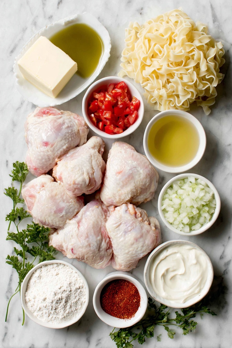 Flat lay of unsalted butter resting as a small soft block, a small white ceramic bowl filled with golden extra virgin olive oil, raw bone-in chicken pieces with skin on arranged symmetrically (two breasts, two thighs, two legs, two wings), a small white ceramic bowl with finely diced sweet onions, another small white ceramic bowl holding bright red diced bell peppers, chopped ripe Roma tomatoes in a small white ceramic bowl, two whole uncracked garlic cloves, a small white ceramic bowl containing deep red Hungarian sweet paprika powder, a small white ceramic bowl filled with rich golden chicken broth, a small white ceramic bowl with fine white all-purpose flour, a small white ceramic bowl with smooth, thick full-fat sour cream, a small white ceramic bowl of pale heavy cream, a few sprigs of fresh bright green Italian parsley, and a nest of fresh pale yellow egg noodles, all arranged with perfect symmetry and realistic proportions, placed on a clean white marble surface, soft natural light, photo taken with an iPhone, professional food photography style, fresh ingredients, white ceramic bowls, no bottles, no duplicates, no utensils, no packaging --ar 2:3 --v 7 --p m7354615311229779997 - Easy Chicken Paprikash, Hungarian Chicken Paprikash, Creamy Chicken Paprikash, Authentic Chicken Paprikash, Quick Chicken Paprikash