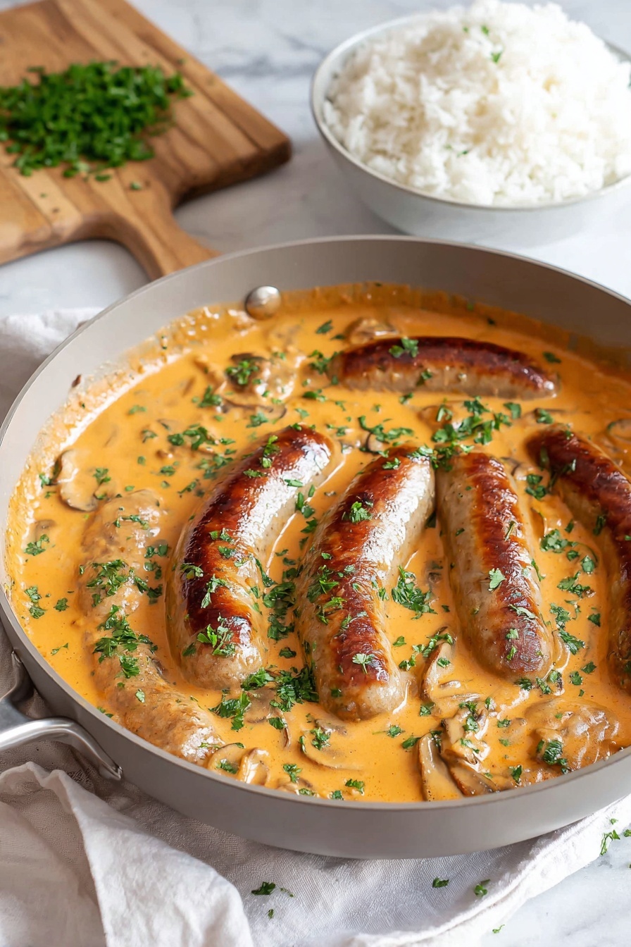 A frying pan contains six browned sausages partly covered in thick, creamy orange sauce with visible sliced mushrooms inside. The sauce has a smooth texture and is sprinkled with small green parsley pieces on top. Behind the pan, a light wooden cutting board holds chopped parsley, and next to it is a white bowl full of fluffy white rice. The whole scene is set on a white marbled surface with a white cloth beneath the pan, giving a clean and bright kitchen look. Photo taken with an iphone --ar 2:3 --v 7 - Creamy Sausage Stroganoff, hearty sausage pasta, quick weeknight dinner, mushroom sausage skillet, comforting sausage recipes