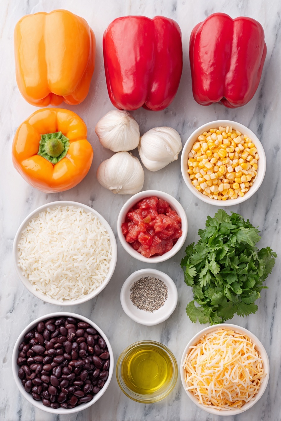 Flat lay of eight medium bell peppers in red, yellow, and orange, a few whole brown onions, three uncracked white garlic bulbs, a small white ceramic bowl of bright yellow corn kernels, a small white ceramic bowl filled with cooked white rice, a small white ceramic bowl containing black beans, a small white ceramic bowl with diced red tomatoes (juices drained), a small white ceramic bowl of shredded orange cheddar cheese, a bunch of fresh green cilantro sprigs, a small white ceramic bowl with golden olive oil, a small white ceramic bowl of coarse kosher salt, and a small white ceramic bowl of ground black pepper, arranged symmetrically and balanced, placed on a clean white marble surface, soft natural light, photo taken with an iPhone, professional food photography style, fresh ingredients, white ceramic bowls, no bottles, no duplicates, no utensils, no packaging --ar 2:3 --v 7 --p m7354615311229779997 - Mexican Stuffed Bell Peppers, stuffed bell peppers recipe, Mexican peppers, healthy stuffed peppers, easy Mexican stuffed peppers