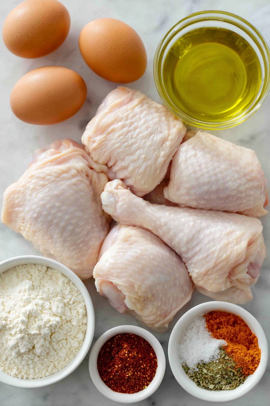 Flat lay of fresh raw bone-in chicken pieces with smooth skin, three whole uncracked brown eggs, a small white bowl of beaten eggs mixed with a dash of vibrant red hot sauce, a small white bowl of reddish Creole seasoning powder, a small white bowl of deep red smoked paprika powder, a small white bowl of off-white garlic powder, a small white bowl of bright orange cayenne pepper powder, a small white bowl of fine white all-purpose flour, a small white bowl of coarse salt and black pepper mixed together, a small white bowl with clear golden cooking oil, all arranged with perfect symmetry and balanced proportions on a clean white marble surface, soft natural light, photo taken with an iPhone, professional food photography style, fresh ingredients, white ceramic bowls, no bottles, no duplicates, no utensils, no packaging --ar 2:3 --v 7 --p m7354615311229779997 - Crispy Southern Fried Chicken, Southern fried chicken, crispy fried chicken recipe, homemade fried chicken, classic fried chicken