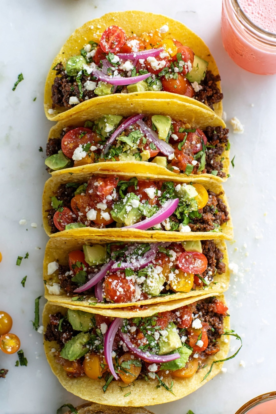 Four soft yellow corn tacos are stacked vertically over a white marbled surface. Each taco has a base layer of crumbled dark brown seasoned ground meat, topped with a colorful salad mix of chopped red and yellow cherry tomatoes, green avocado chunks, and fresh green cilantro. Thin slices of bright purple-red onions curve on top, with some white crumbly cheese sprinkled in between the layers. To the upper right, a small glass jar with a pink drink is partially visible. The scene is bright and fresh, showing vibrant colors and textures. photo taken with an iphone --ar 2:3 --v 7 - Easy Ground Beef Tacos, quick ground beef tacos, best beef taco recipe, simple taco dinner, flavorful beef tacos