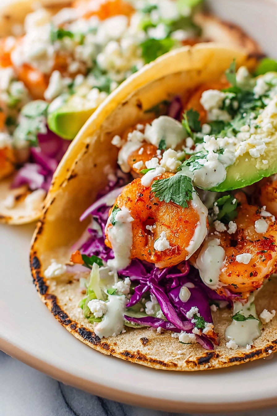 A close-up of two tacos on a white plate with a white marbled surface. Each taco has a soft, slightly charred corn tortilla as the base. Inside the tortillas, there are pieces of cooked orange shrimp layered with slices of fresh green avocado, purple shredded cabbage, and green cilantro leaves. White crumbly cheese is sprinkled over the ingredients. The tacos are finished with a drizzle of white creamy sauce on top. Photo taken with an iphone --ar 2:3 --v 7 - Shrimp Tacos with Lime Cilantro Sauce, Shrimp Taco Recipe, Easy Seafood Tacos, Fresh Lime Cilantro Sauce, Quick Dinner Ideas