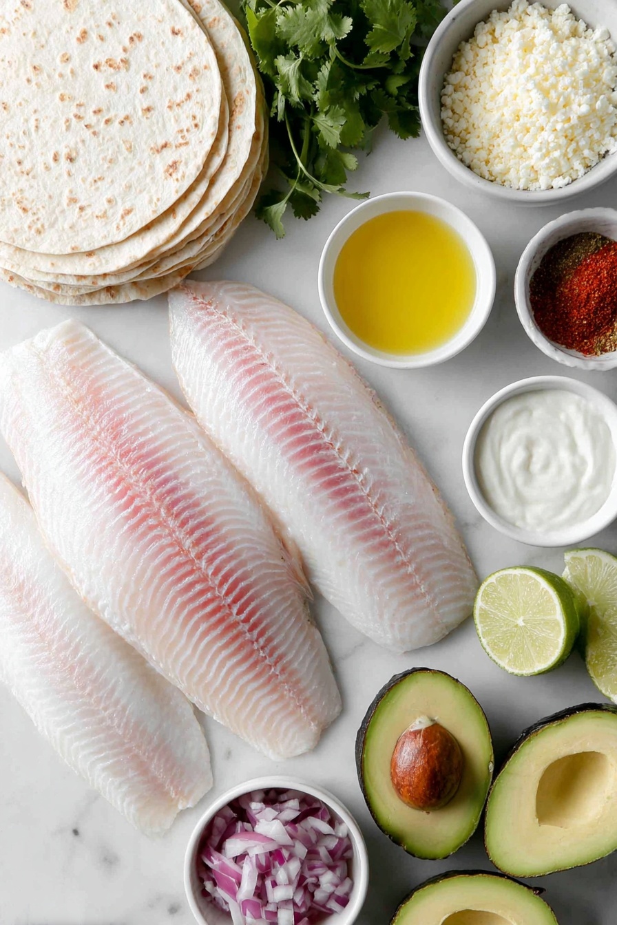 Flat lay of small white corn tortillas stacked neatly, raw whole tilapia fillet with glistening skin, a few sprigs of fresh cilantro with long stems removed, half small purple cabbage quartered to show vibrant layers, two medium ripe avocados sliced lengthwise displaying creamy green flesh, two whole roma tomatoes with smooth red skin, half diced red onion in a small white ceramic bowl, a small white bowl filled with grated Cotija cheese, a whole lime cut into wedges arranged symmetrically, a small white bowl with sour cream, a small white bowl with mayonnaise, a small white bowl containing golden olive oil, a small white bowl showing smooth melted unsalted butter, a tiny white bowl holding ground cumin powder, a tiny white bowl with fine cayenne pepper, a tiny white bowl of coarse salt, a tiny white bowl of black pepper, a small white bowl with bright red Sriracha sauce, a small white bowl with pale lime juice, a tiny white bowl containing garlic powder, all placed on a clean white marble surface, soft natural light, photo taken with an iPhone, professional food photography style, fresh ingredients, white ceramic bowls, no bottles, no duplicates, no utensils, no packaging --ar 2:3 --v 7 --p m7354615311229779997 - Fish Tacos with Cilantro Lime Sauce, fish tacos recipe, fish tacos with lime sauce, easy fish tacos, flavorful fish taco ideas