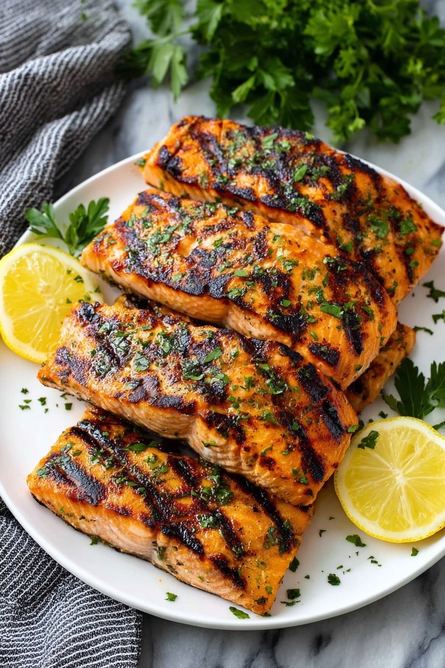 A white plate holds five grilled salmon fillets stacked in two layers, each piece showing charred grill marks and sprinkled with finely chopped green herbs. The salmon's orange-pink flesh contrasts with the dark grill lines, and two bright yellow lemon wedges rest on top and beside the fillets, adding a fresh touch. A small parsley sprig decorates the plate, while a grey striped cloth and green parsley leaves sit in the background on a white marbled surface. photo taken with an iphone --ar 2:3 --v 7 - Grilled Salmon with Savory Marinade, grilled salmon recipe, easy salmon marinade, healthy grilled salmon, flavorful seafood dishes