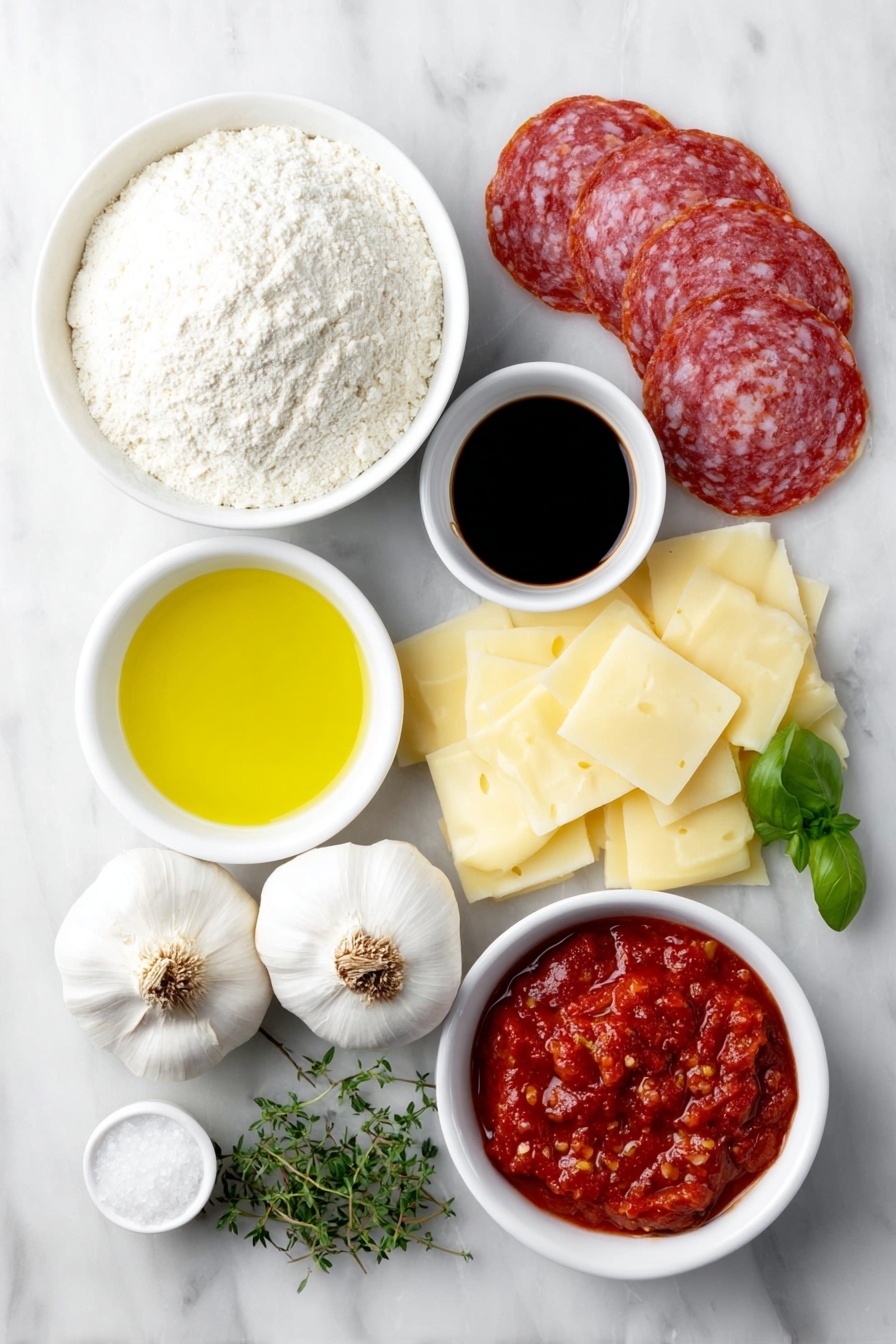 Flat lay of a small mound of bread flour, a few granulated sugar crystals scattered beside it, two packets of dry yeast replaced by a small pile of yeast granules, a teaspoon of salt crystals, a simple white ceramic bowl with warm water, a small white bowl with extra virgin olive oil, two whole unpeeled garlic bulbs, a pinch of crushed red pepper flakes in a small white bowl, a small white bowl filled with crushed tomatoes with basil, a small white bowl with balsamic vinegar, a few slices of pepperoni arranged neatly, thin slices of provolone cheese fanned out, cubes of fontina cheese, and a few fresh sprigs of oregano—all arranged symmetrically and balanced—placed on a clean white marble surface, soft natural light, photo taken with an iPhone, professional food photography style, fresh ingredients, white ceramic bowls, no bottles, no duplicates, no utensils, no packaging --ar 2:3 --v 7 --p m7354615311229779997 - Homemade Pepperoni Pizza, homemade pizza dough, easy pizza sauce, crispy pizza crust, best homemade pepperoni pizza