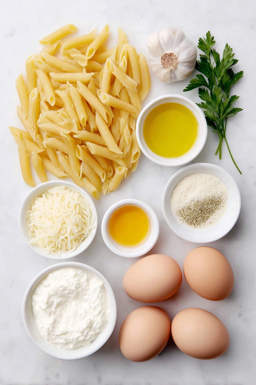 Flat lay of dried penne pasta scattered beside a small mound of peeled and diced yellow onion, four whole garlic cloves, a small white bowl filled with golden olive oil, another small white bowl containing smooth orange pumpkin purée, a small white bowl of thick heavy cream, a neat heap of dried ground sage powder, a simple pile of shredded pale yellow Parmesan cheese, a few fresh bright green parsley sprigs, a small white bowl holding raw green pepitas, and two uncracked brown eggs arranged symmetrically, all placed on a clean white marble surface, soft natural light, photo taken with an iPhone, professional food photography style, fresh ingredients, white ceramic bowls, no bottles, no duplicates, no utensils, no packaging --ar 2:3 --v 7 --p m7354615311229779997 - Creamy Pumpkin Pasta, pumpkin pasta recipe, easy pumpkin pasta, comforting pumpkin pasta dish, fall pasta recipes