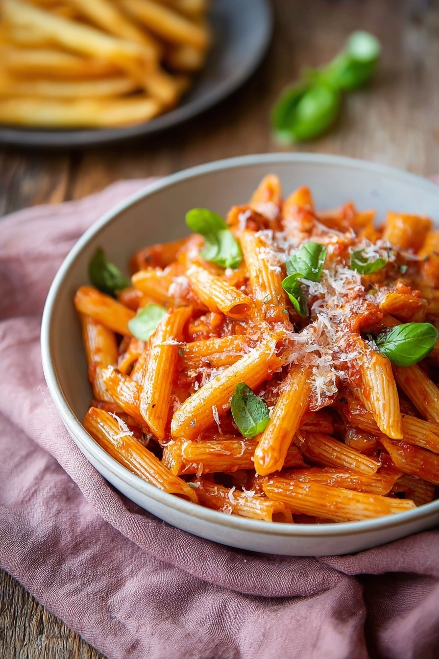 A bowl of penne pasta with three visible layers: a base of bright orange-red tomato sauce coating the penne pieces, scattered fresh green basil leaves on top adding a fresh look, and a light dusting of shredded white cheese sprinkled evenly over the dish. The pasta is served in a round light gray bowl placed on a soft mauve cloth, sitting on a rustic wooden table with a slightly blurred plate with fries in the background. Photo taken with an iphone --ar 2:3 --v 7 - Quick Penne Pomodoro Pasta, simple tomato pasta recipe, easy Italian pasta, fast penne pasta dinner, quick weeknight pasta