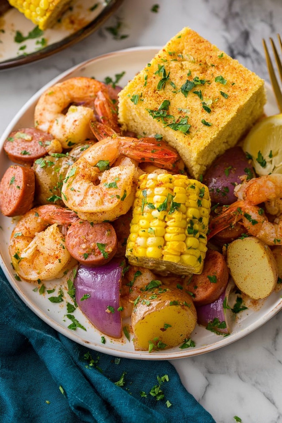 The dish is served on a white plate filled with several layers of food. The bottom layer has lemon wedges and chopped green herbs scattered all over. On top of that, there are bright yellow corn pieces cut into chunks with a rough texture, and light brown potato halves with a smooth surface. Orange shrimp with a slightly rough texture are placed on and around the corn and potatoes. There are also round slices of reddish sausage with a firm texture and some purple onion pieces adding color contrast. On one side of the plate, a thick square of golden-yellow cornbread with a coarse crumb sits. All the ingredients have a light sprinkling of green herbs and spices. The plate is placed on a white marbled surface with a dark teal cloth visible at the bottom left corner. Photo taken with an iphone --ar 2:3 --v 7 - Shrimp Boil, Shrimp Boil with Old Bay Seasoning, seafood boil recipe, easy shrimp boil, Chesapeake Bay seafood