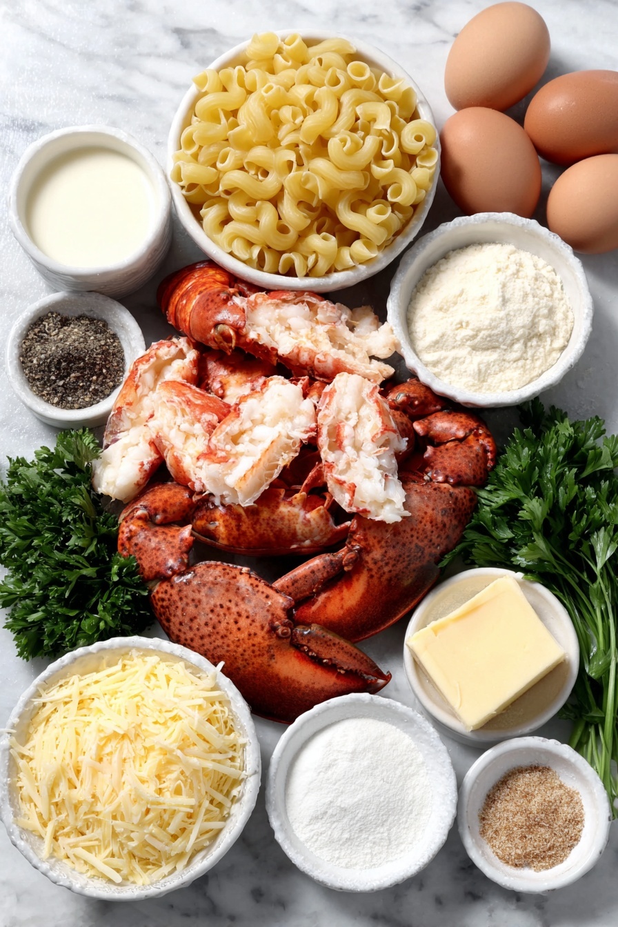 Flat lay of cooked chopped lobster meat with bright red shells visible, a small pile of uncooked cavatappi pasta, a few sprigs of fresh green parsley, a chunk of salted butter, a small white bowl of all-purpose flour, a small white bowl with onion powder, another small white bowl with dry mustard powder, a small white bowl containing coarse sea salt, a small white bowl with Old Bay Seasoning, a small white bowl with ground black pepper, a small white bowl filled with whole milk, a small white bowl filled with half and half cream, a small white bowl heaped with shredded sharp cheddar cheese, a small white bowl heaped with shredded Gruyere cheese, a small white bowl heaped with shredded Parmesan cheese, a small white bowl of seasoned bread crumbs, two whole brown eggs with clean shells arranged apart on white ceramic dishes, placed on a clean white marble surface, soft natural light, photo taken with an iPhone, professional food photography style, fresh ingredients, white ceramic bowls, no bottles, no duplicates, no utensils, no packaging --ar 2:3 --v 7 --p m7354615311229779997 - Creamy Lobster Mac and Cheese, luxurious seafood pasta, decadent lobster pasta recipes, easy gourmet mac and cheese, lobster cheese dish