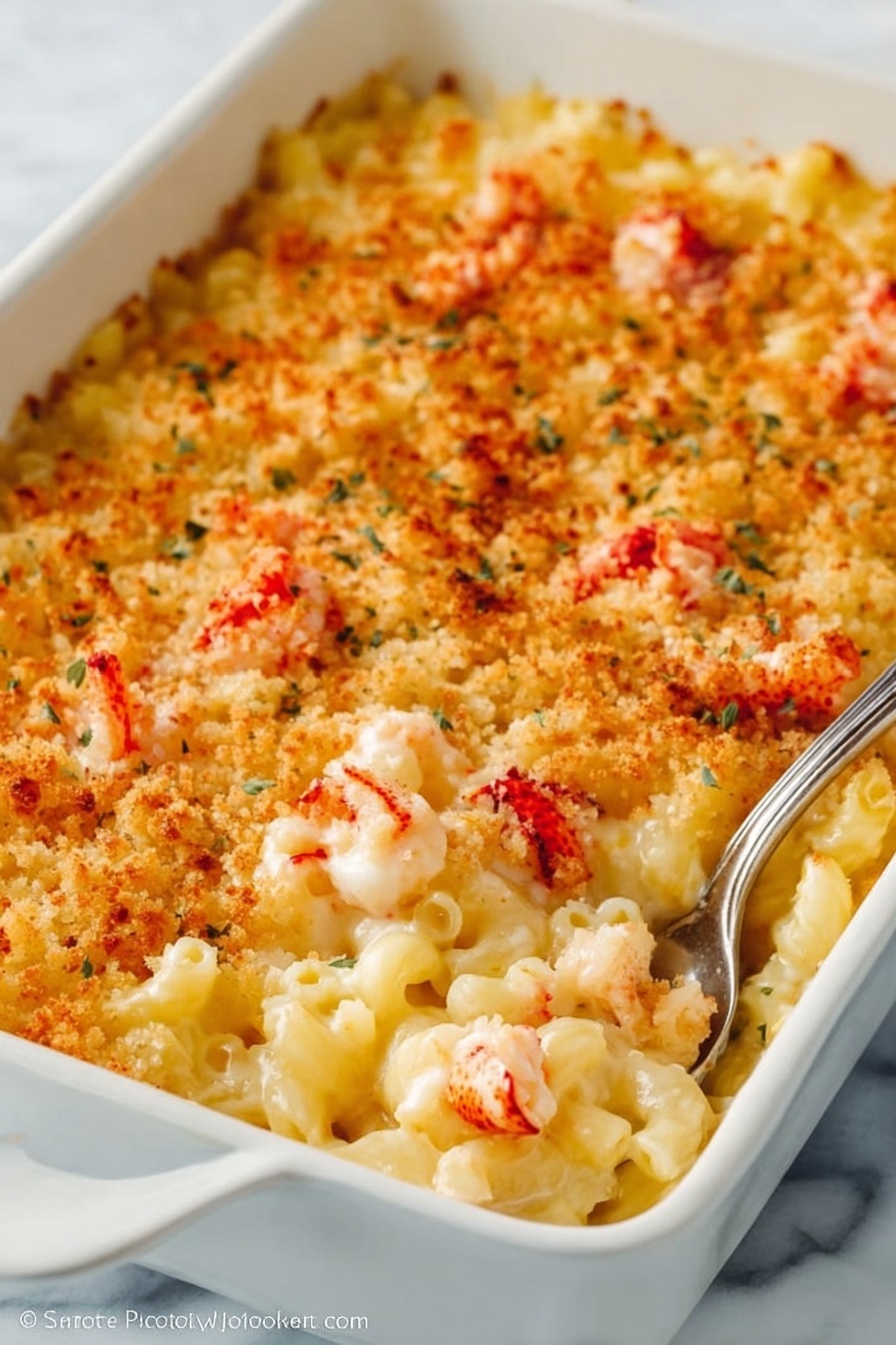 This image shows a close-up of a creamy baked macaroni and cheese dish in a white rectangular ceramic baking dish. The macaroni noodles form the base layer, covered by a melted cheese sauce that is creamy yellow-white in color. On top, there is a golden-brown crust made of toasted breadcrumbs, sprinkled with bits of red lobster meat scattered evenly over the surface. A silver serving spoon is scooping some of the macaroni and cheese from the left side of the dish, revealing the soft pasta and cheese underneath. The background is a white marbled surface. photo taken with an iphone --ar 2:3 --v 7 - Creamy Lobster Mac and Cheese, luxurious seafood pasta, decadent lobster pasta recipes, easy gourmet mac and cheese, lobster cheese dish
