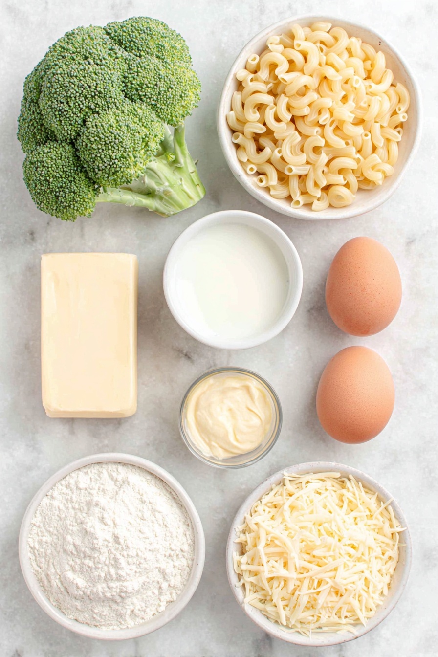 Flat lay of elbow macaroni scattered neatly, three vibrant green broccoli florets, a stick of salted butter with a few small slices cut, a small mound of all-purpose flour on a simple white ceramic plate, a small white bowl filled with creamy 2% milk, a tiny white bowl holding smooth, pale yellow Dijon mustard, two whole uncracked brown eggs, coarse salt crystals and freshly ground black pepper sprinkled artistically on the surface, a small white bowl of shredded sharp cheddar cheese, and another small white bowl with shredded gruyere cheese, all arranged with perfect symmetry and balanced proportions, placed on a clean white marble surface, soft natural light, photo taken with an iPhone, professional food photography style, fresh ingredients, white ceramic bowls, no bottles, no duplicates, no utensils, no packaging --ar 2:3 --v 7 --p m7354615311229779997 - Broccoli Mac and Cheese, creamy broccoli mac and cheese, easy broccoli pasta dish, healthy mac and cheese, cheesy broccoli casserole