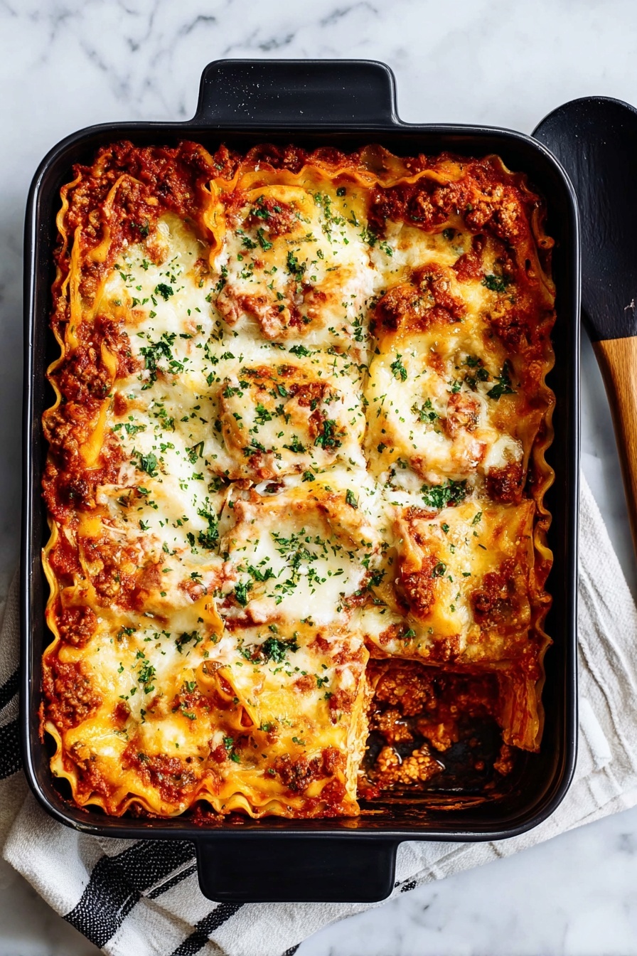 A black baking dish filled with a baked tortellini casserole showing about three layers: a bottom layer of red tomato sauce with herbs, a middle layer of creamy white melted cheese mixed with tortellini pasta, and a top layer of bubbly melted mozzarella cheese sprinkled with green chopped herbs and black pepper. The tortellini pieces are golden with visible sauce and cheese patches. A wooden spoon rests on one corner of the dish, which is set on a white marbled surface. photo taken with an iphone --ar 2:3 --v 7 - Cheesy Baked Tortellini Casserole, cheesy tortellini casserole, baked tortellini recipes, comforting pasta dishes, easy baked pasta