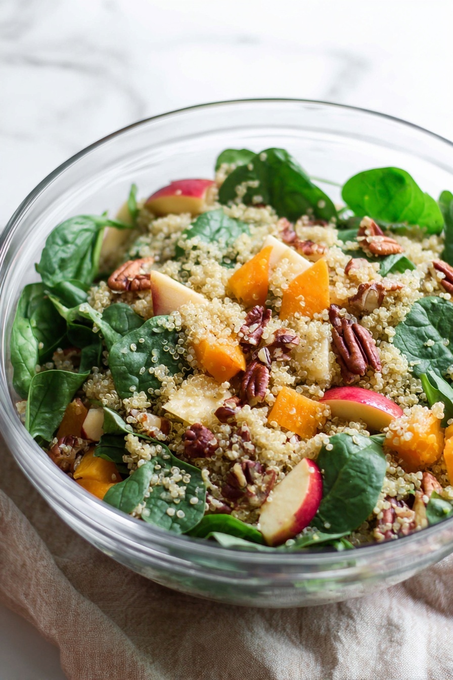 A clear glass bowl holds a salad with three main layers: a bottom layer of light beige quinoa grains scattered throughout, a middle layer of bright green fresh spinach leaves placed on top and mixed in, and a top layer consisting of medium-sized chunks of orange squash, small cubes of red and yellow apple pieces, light beige chickpeas, and whole brown pecan nuts arranged evenly around the salad. Next to the bowl is a small white bowl filled with pecans. The setting includes two vintage silver salad servers placed on a white and red striped cloth, all set on a white marbled texture surface. photo taken with an iphone --ar 2:3 --v 7 - Roasted Butternut Squash Quinoa Salad, fall quinoa salad, healthy roasted veggie salad, vegan quinoa salad, cozy fall salad